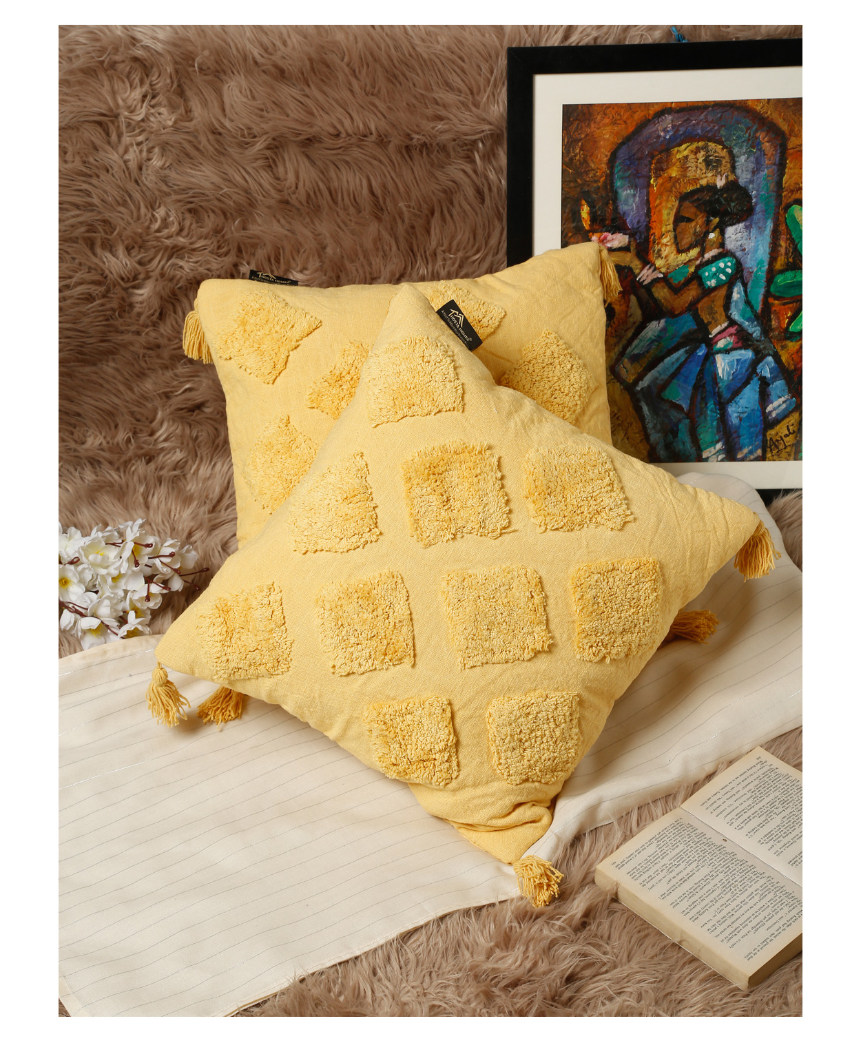 Hosta Homes Hhccm38 Pure Cotton Hand Crafted Cushion Covers with Tassels Pack of 2 -  Yellow-image-43