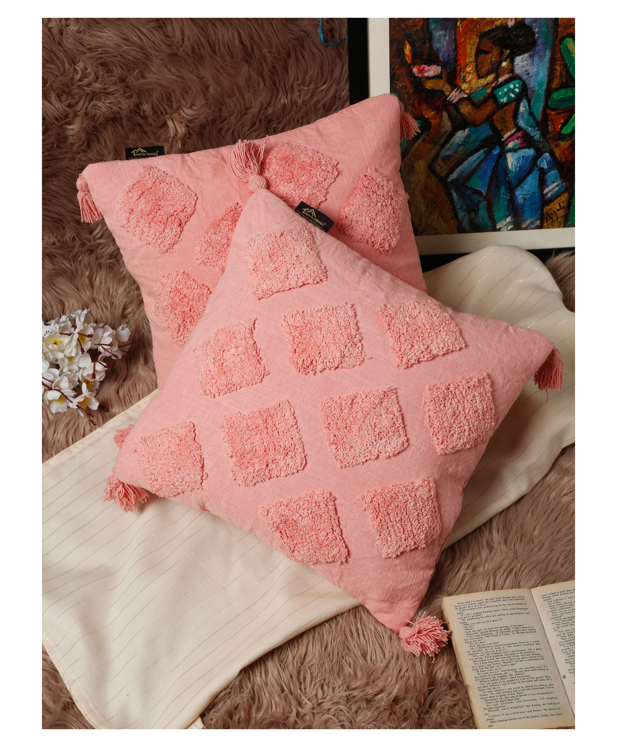 Hosta Homes Hhccm38 Pure Cotton Hand Crafted Cushion Covers with Tassels Pack of 2 - Pink-image-44