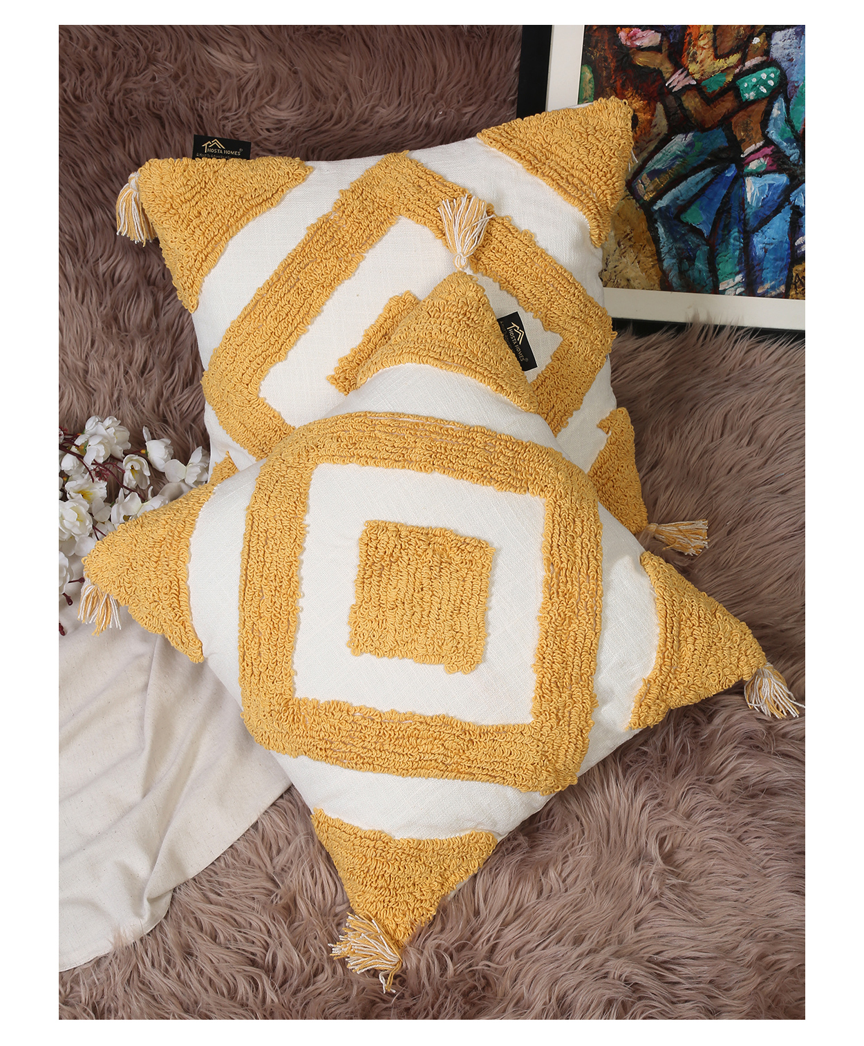 Hosta Homes Pure Cotton Hand Tufted Tessel Cushion Covers Pack of 2 - Yellow-image-5