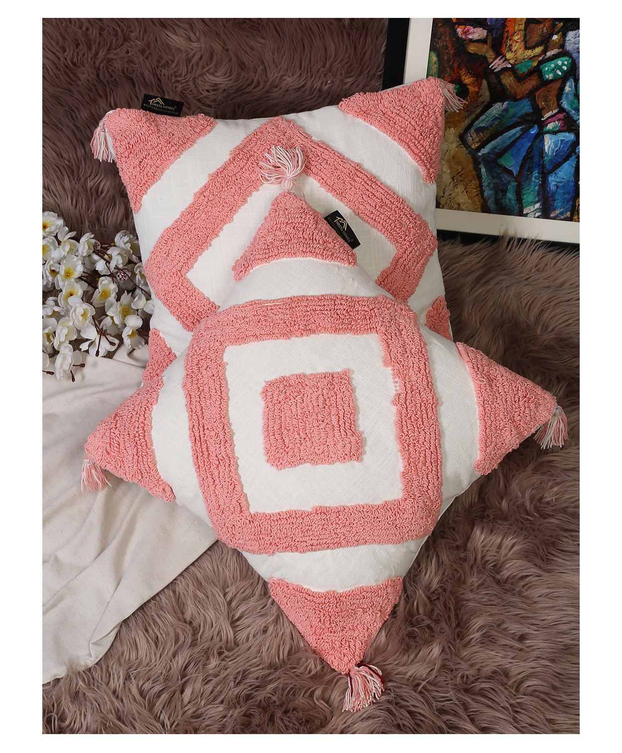 Hosta Homes Pure Cotton Hand Tufted Tessel Cushion Covers Pack of 2 - Peach-picture-38