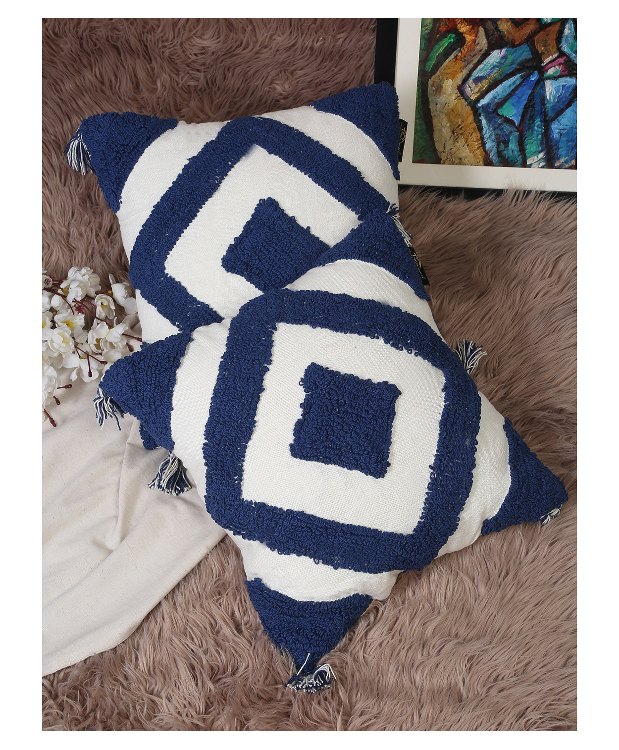 Hosta Homes Pure Cotton Hand Tufted Tessel Cushion Covers Pack of 2 - Blue-picture-35
