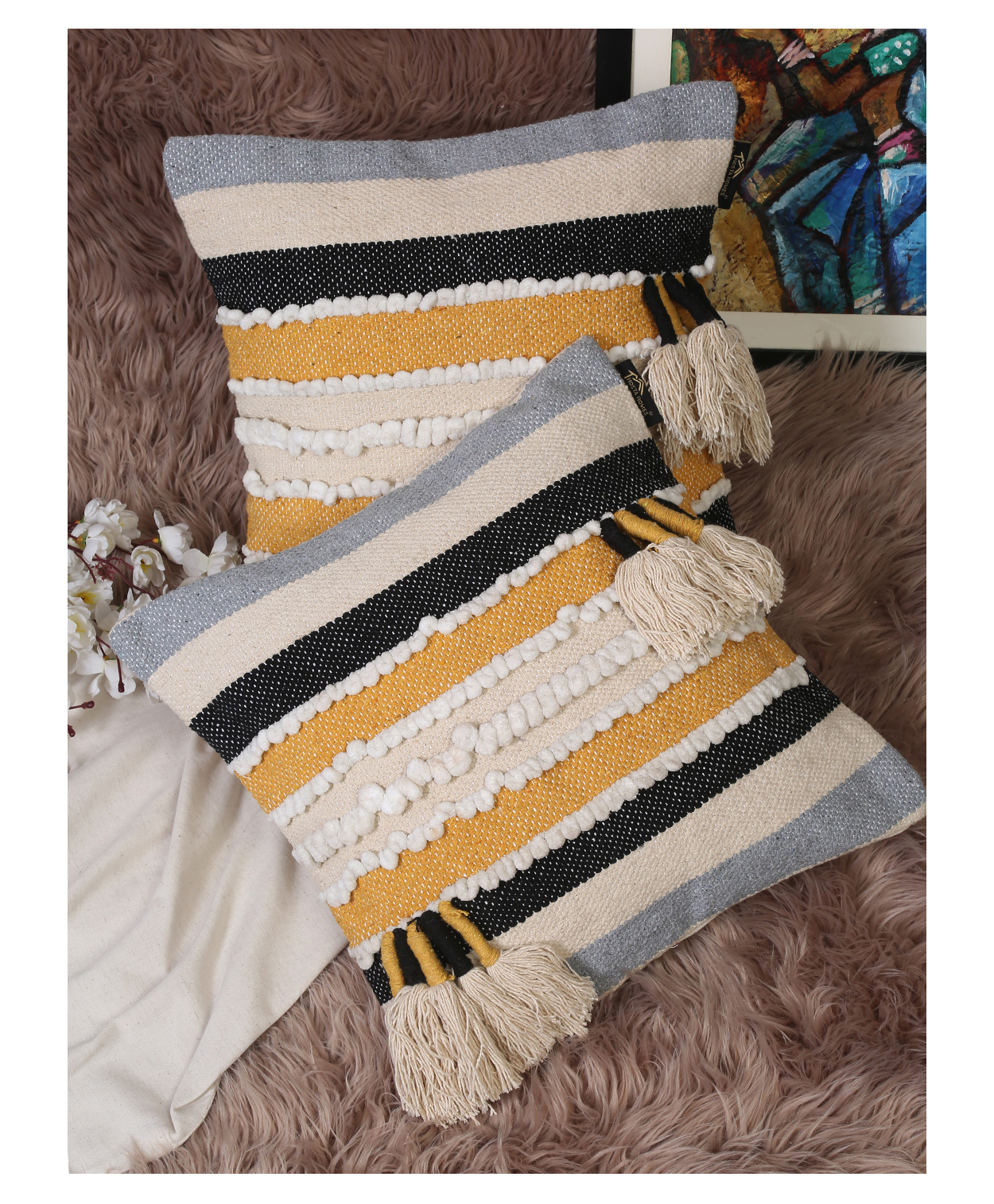 Hosta Homes Pure Cotton Hand Tufted Tessel Cushion Covers Pack of 2 - Multicolour-picture-36