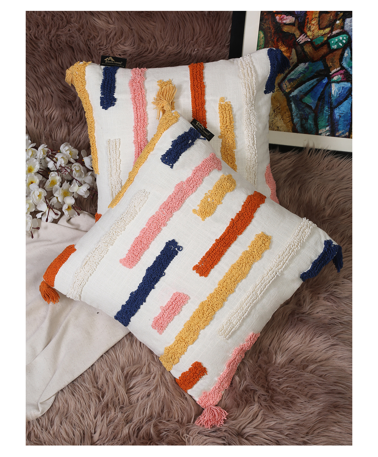 Hosta Homes Pure Cotton Hand Tufted Tessel Cushion Covers HHCCM46 Pack of 2 - White-picture-26