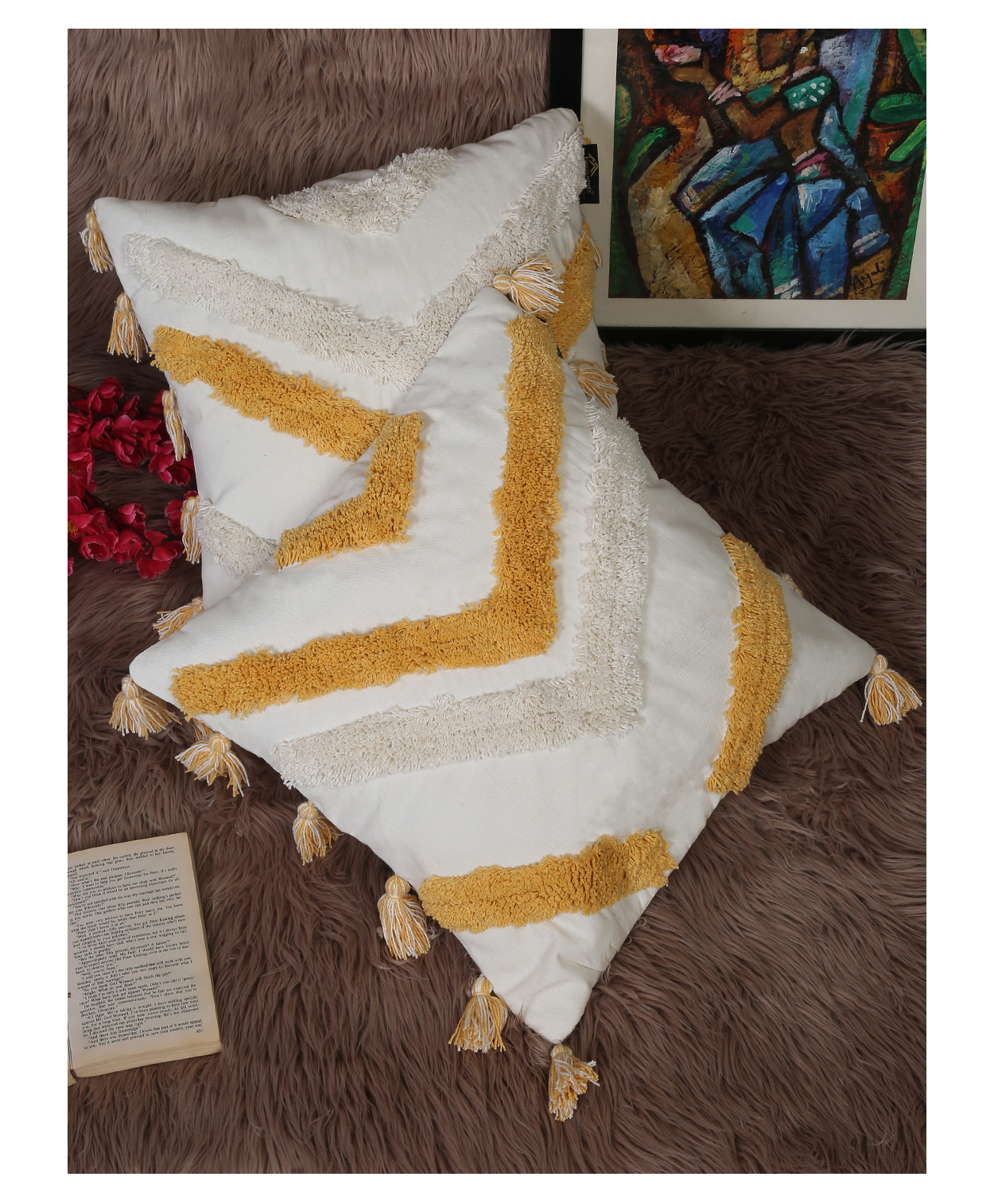 Hosta Homes Pure Cotton Hand Tufted Tessel Cushion Covers Pack of 2 - White-picture-15