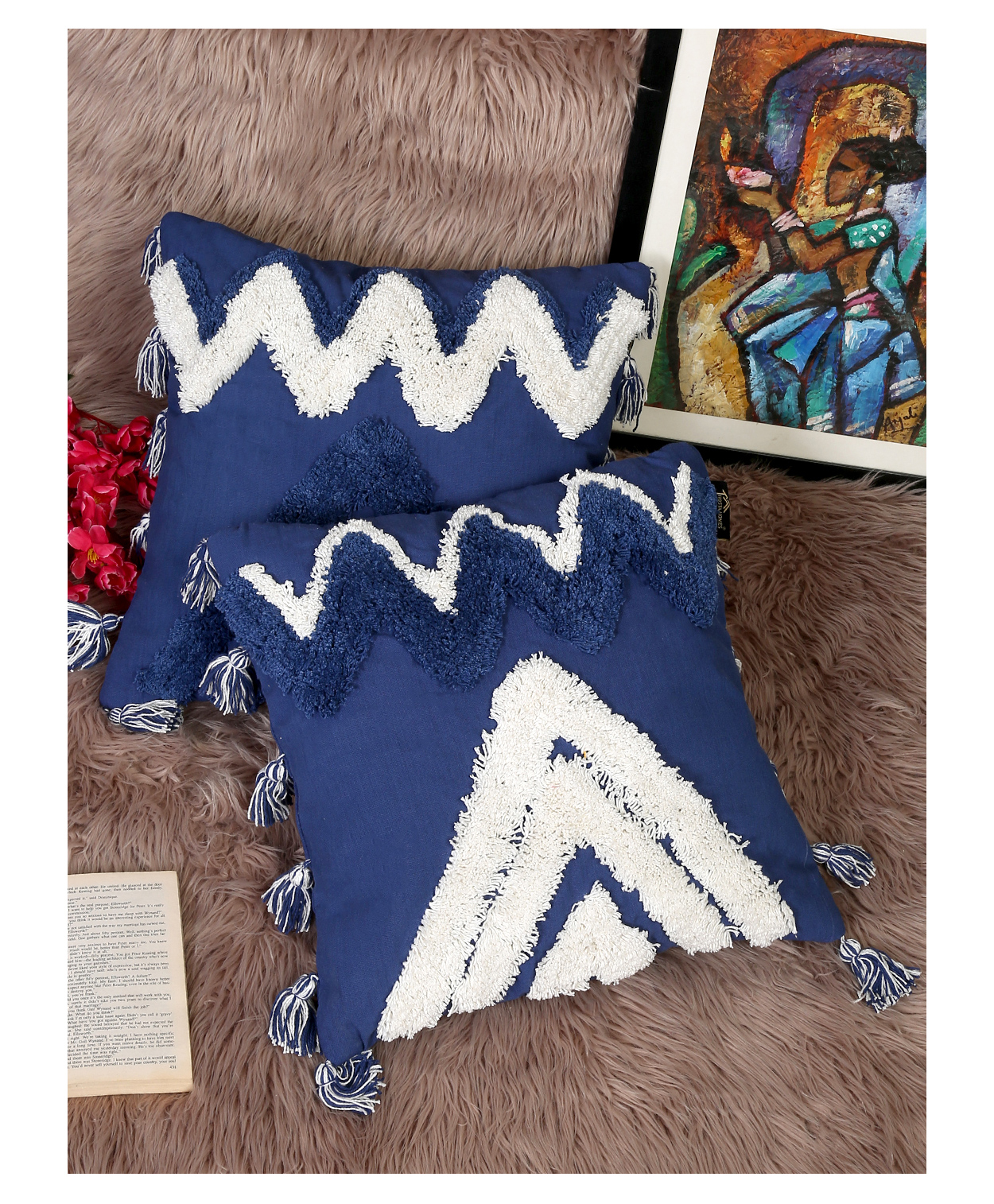 Hosta Homes Pure Cotton Hand Tufted Tessel Cushion Covers Pack of 2 - Blue-picture-12