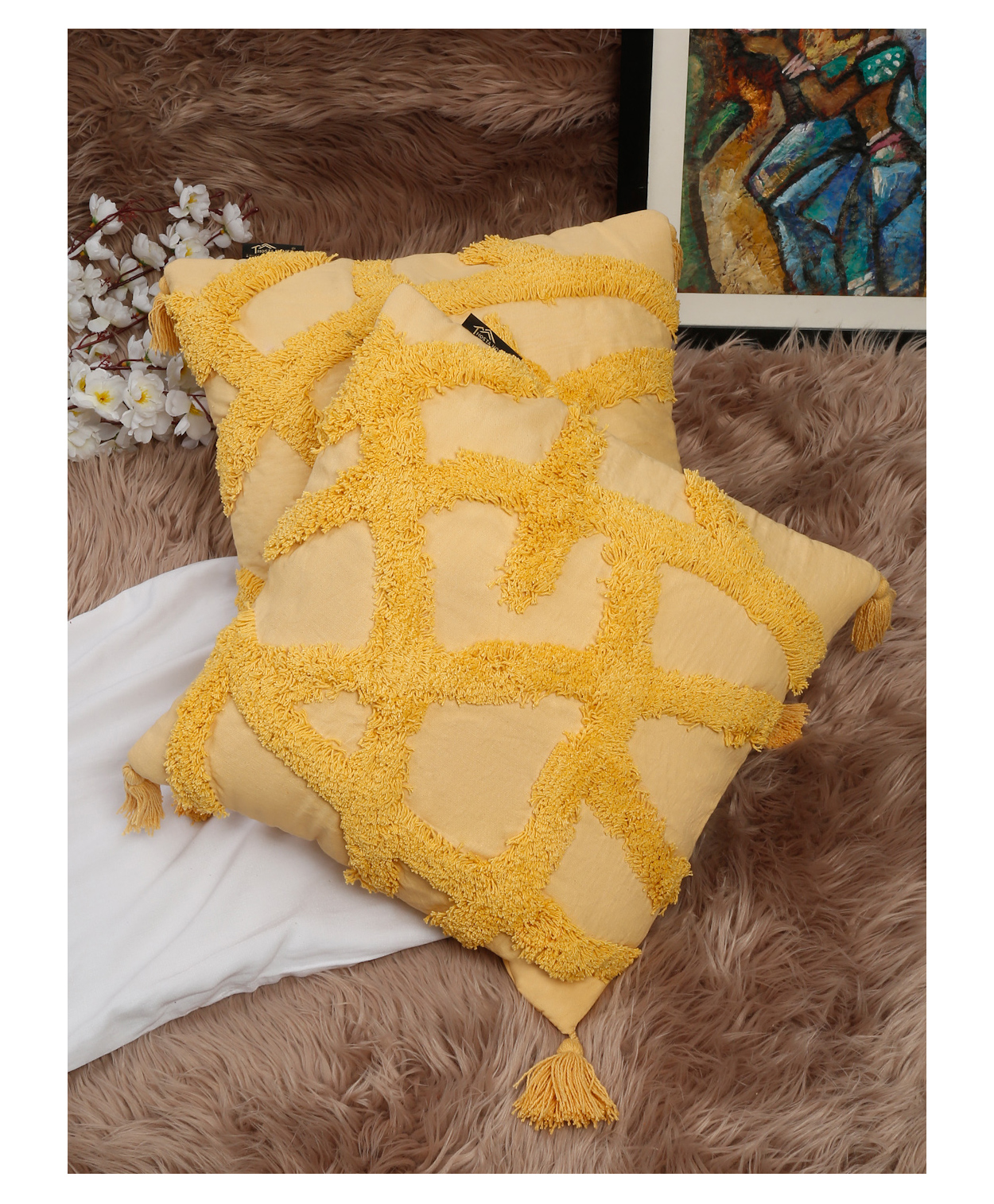 HOSTA HOMES HHCCM52 Pure Cotton Hand Tufted Tessel Cushion Covers Pack of 2 - Yellow-image-35