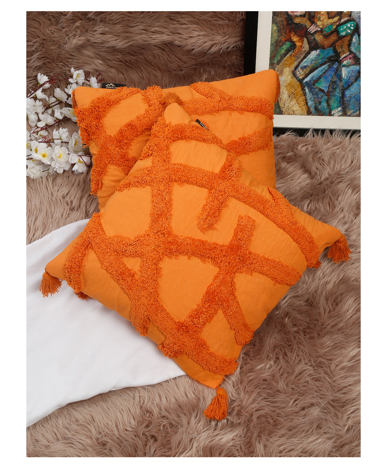HOSTA HOMES HHCCM54 Pure Cotton Hand Tufted Tessel Cushion Covers Pack of 2 - Orange-image-6
