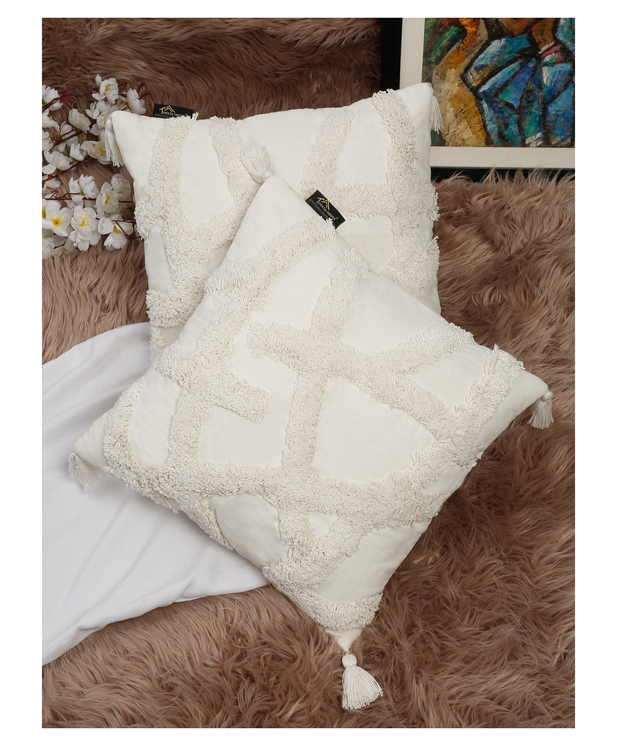 HOSTA HOMES HHCCM55 Pure Cotton Hand Tufted Tessel Cushion Covers Pack of 2 - White-image-32
