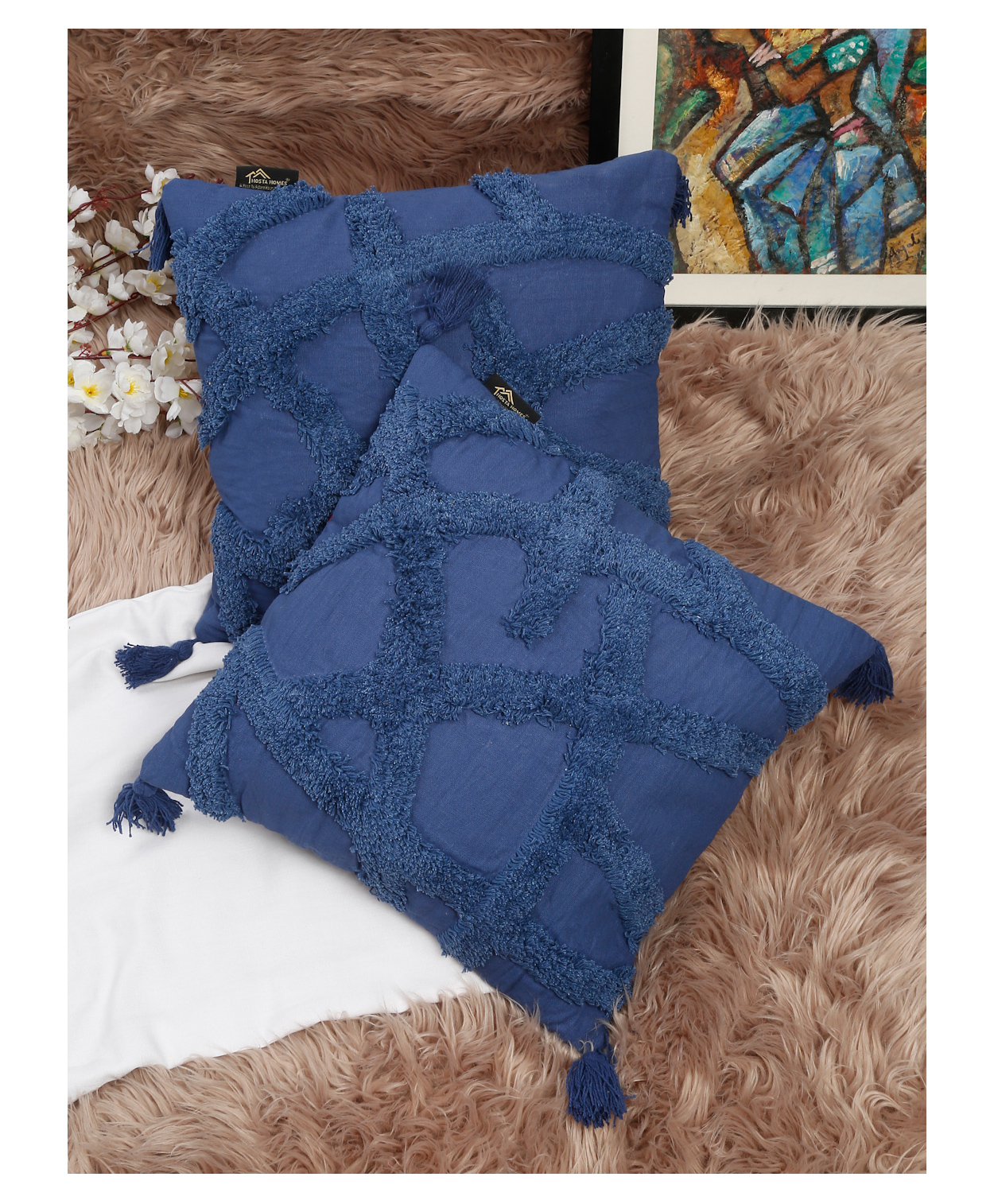 HOSTA HOMES HHCCM56 Pure Cotton Hand Tufted Tessel Cushion Covers Pack of 2 - Blue-image-36