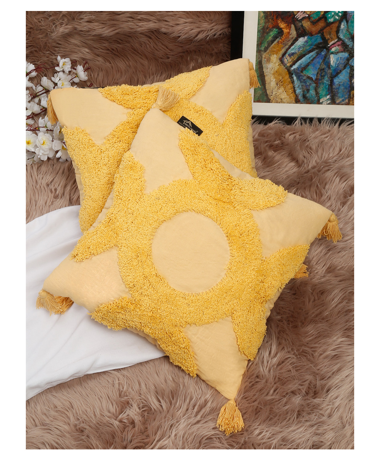 HOSTA HOMES HHCCM57 Pure Cotton Hand Tufted Tessel Cushion Covers Pack of 2 - Yellow-picture-28