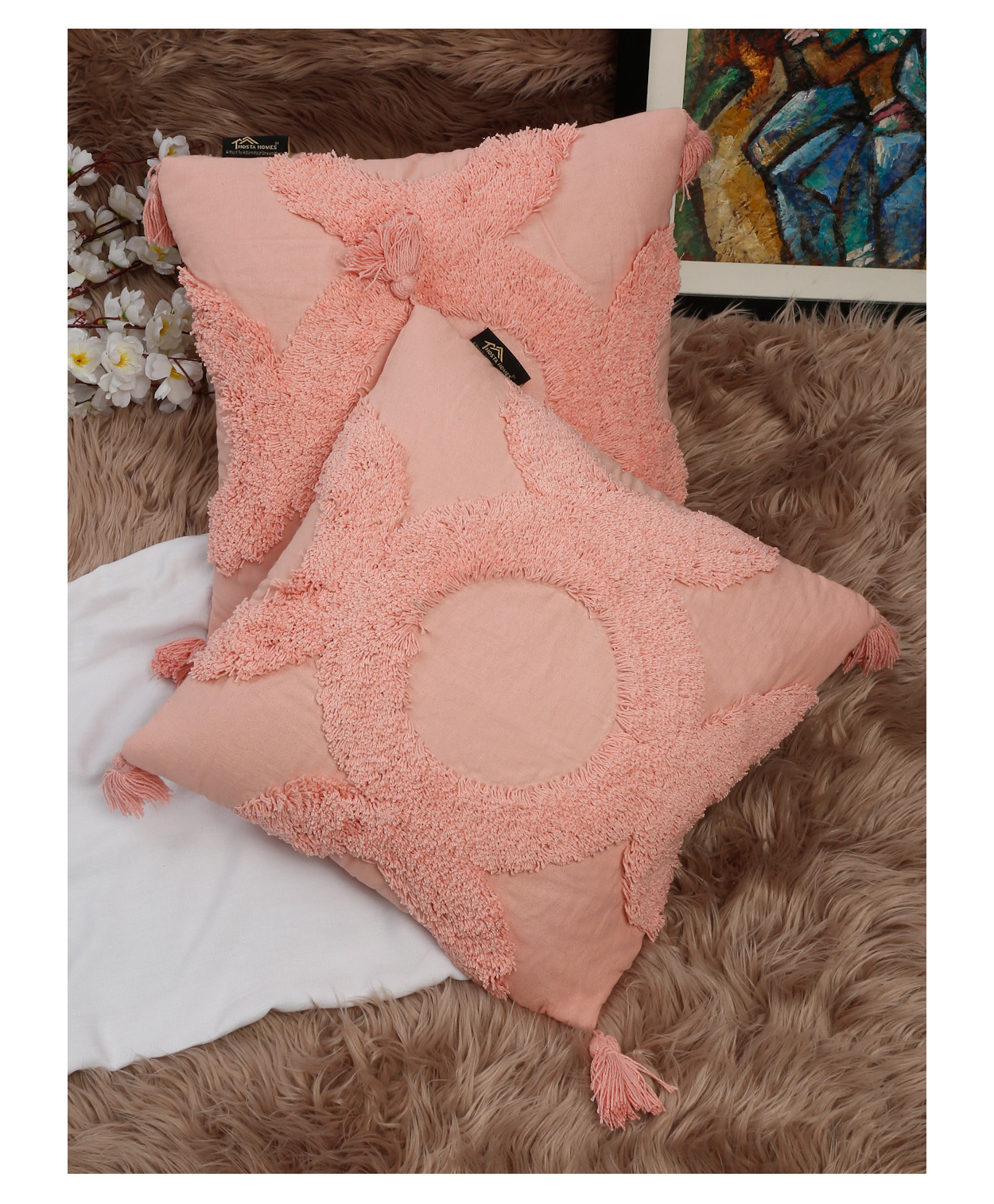 HOSTA HOMES HHCCM58 Pure Cotton Hand Tufted Tessel Cushion Covers Pack of 2 - Peach-image-34