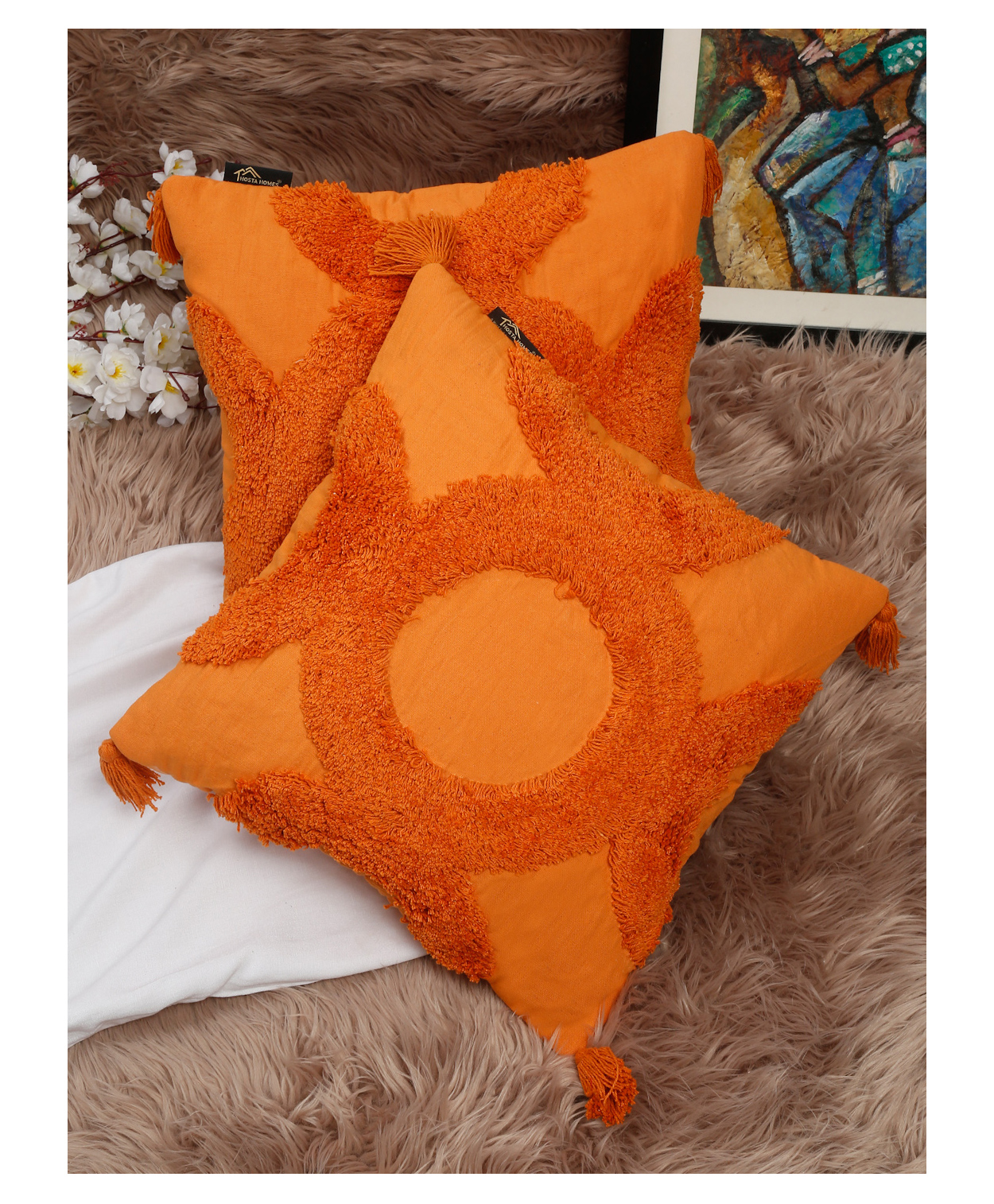 HOSTA HOMES HHCCM59 Pure Cotton Hand Tufted Tessel Cushion Covers Pack of 2 - Orange-image-33
