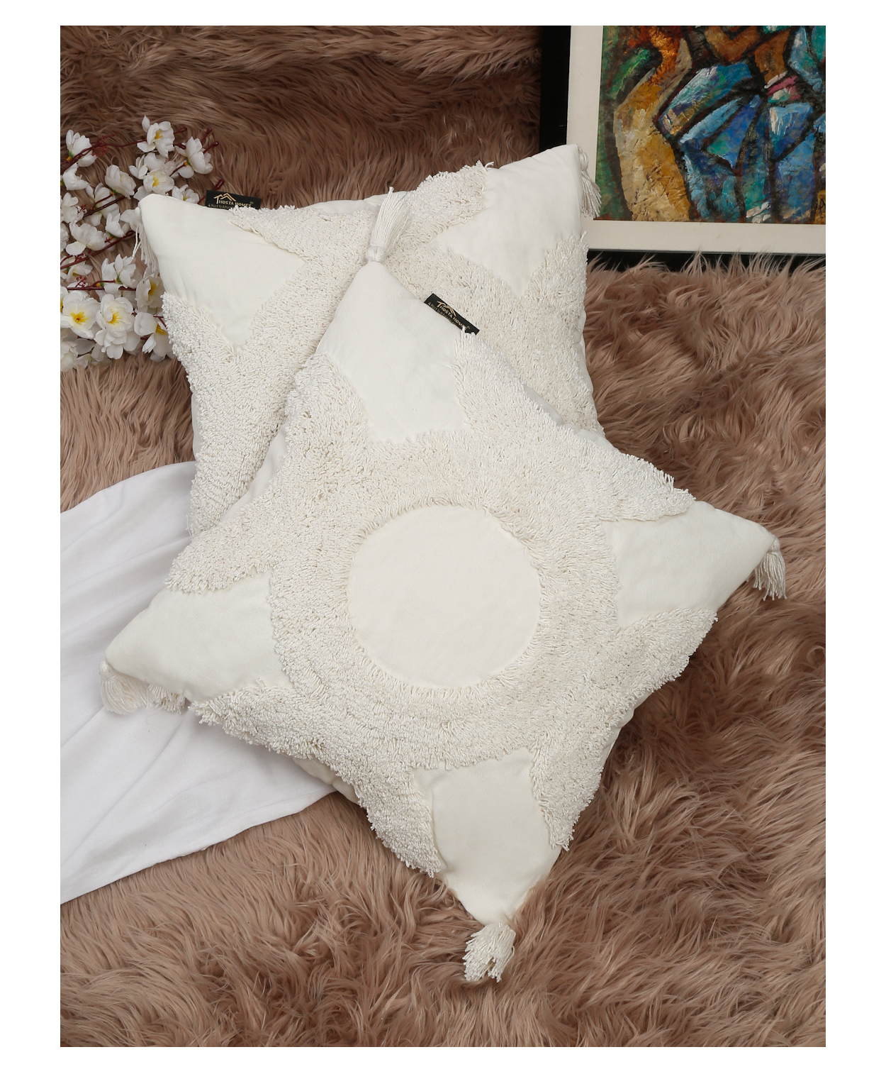 Hosta Homes HHCCM60 Cotton Hand Tufted Tessel Cushion Covers Pack of 2 - White-image-7