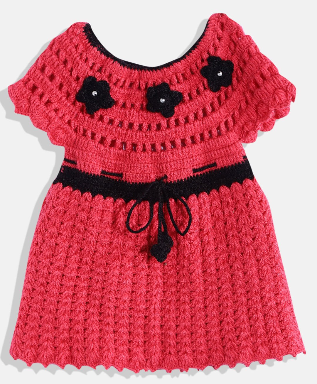 MayRa Knits Woollen Cape Half Sleeves Flower Applique & Woven Design Detailed Fit & Flare Sweater Dress - Red-picture-24