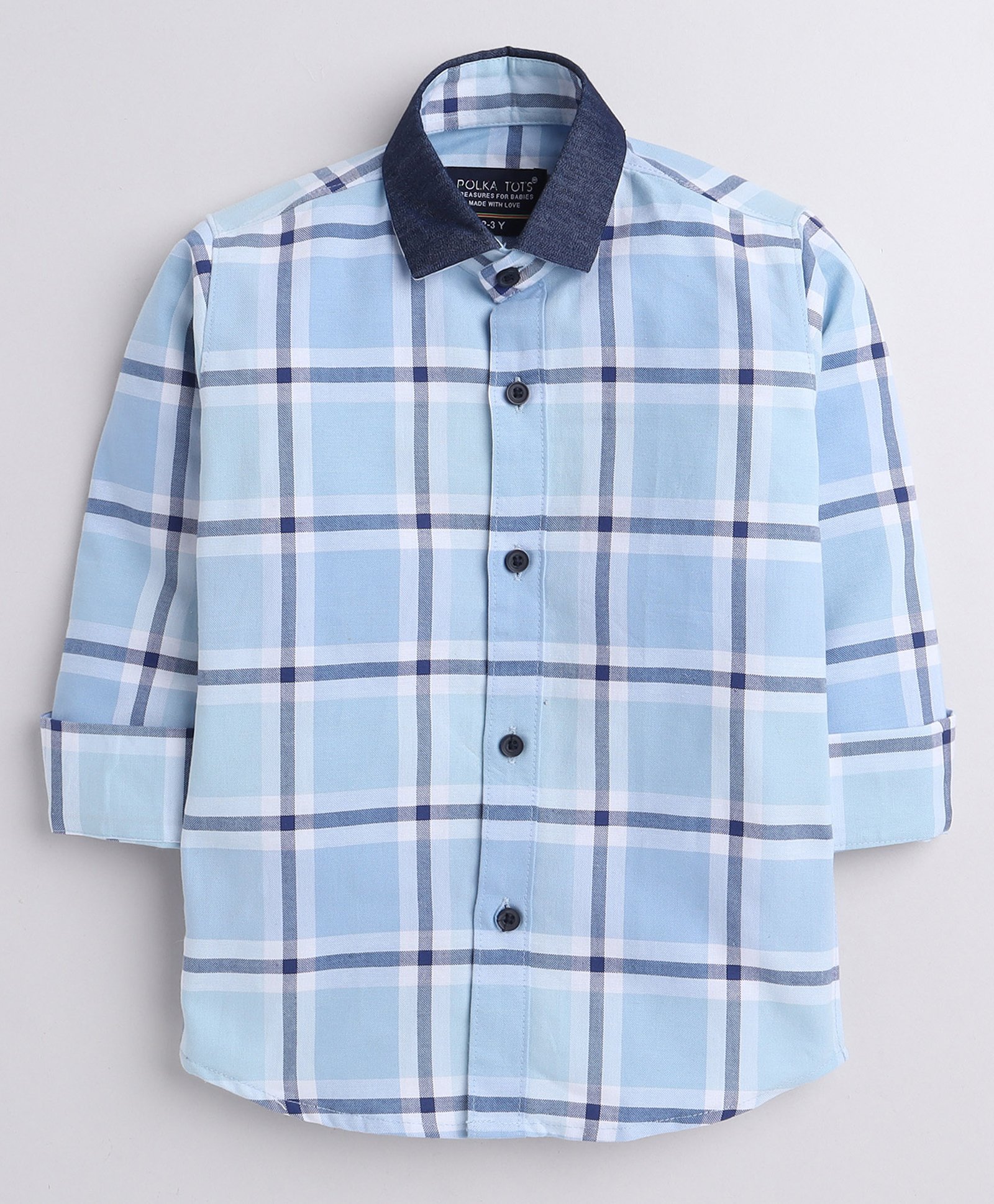 Polka Tots Full Sleeves Denim Collar Detail Checkered Shirt - Light Blue-image-30