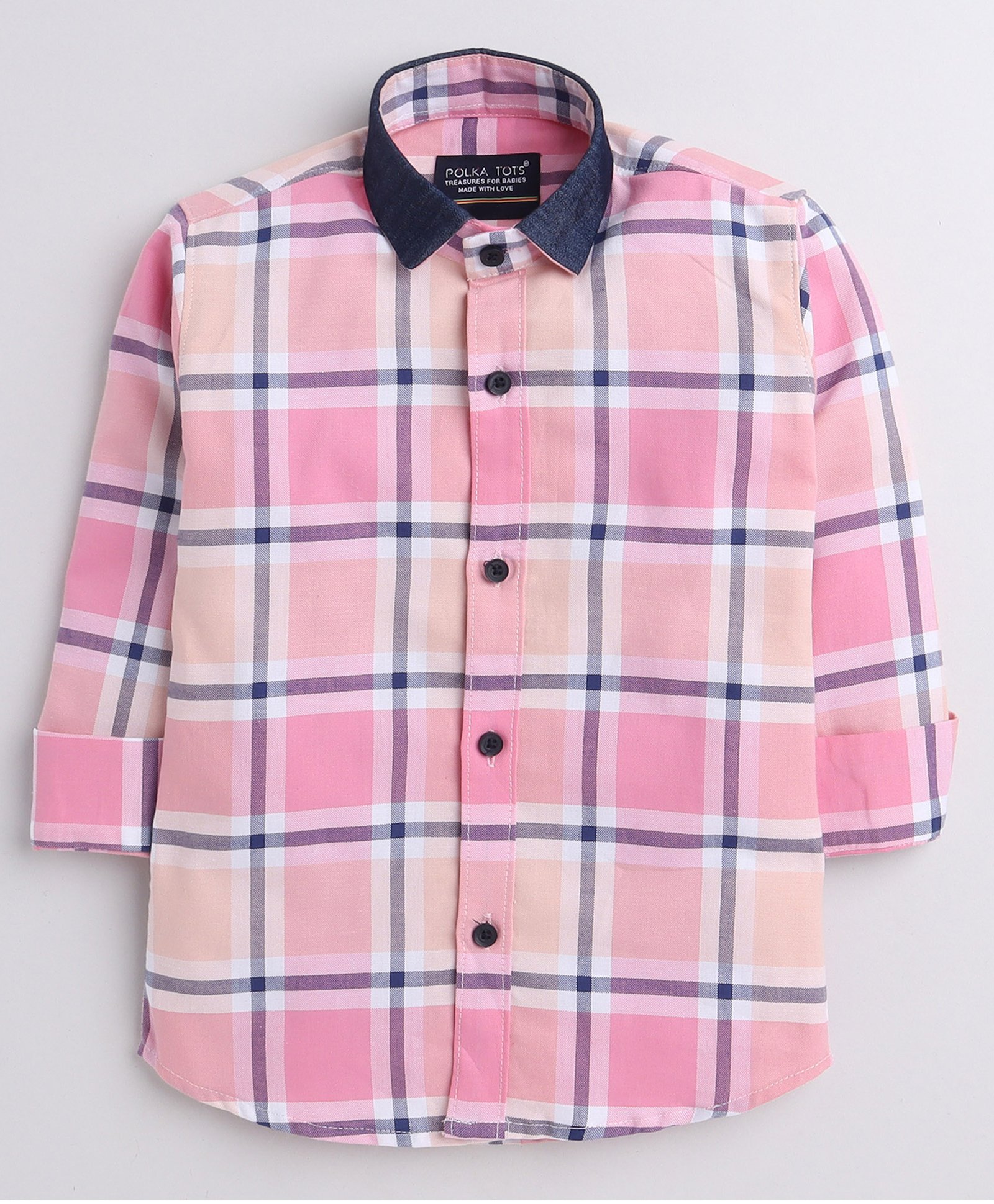 Polka Tots Full Sleeves Denim Collar Detail Checkered Shirt - Pink-image-38