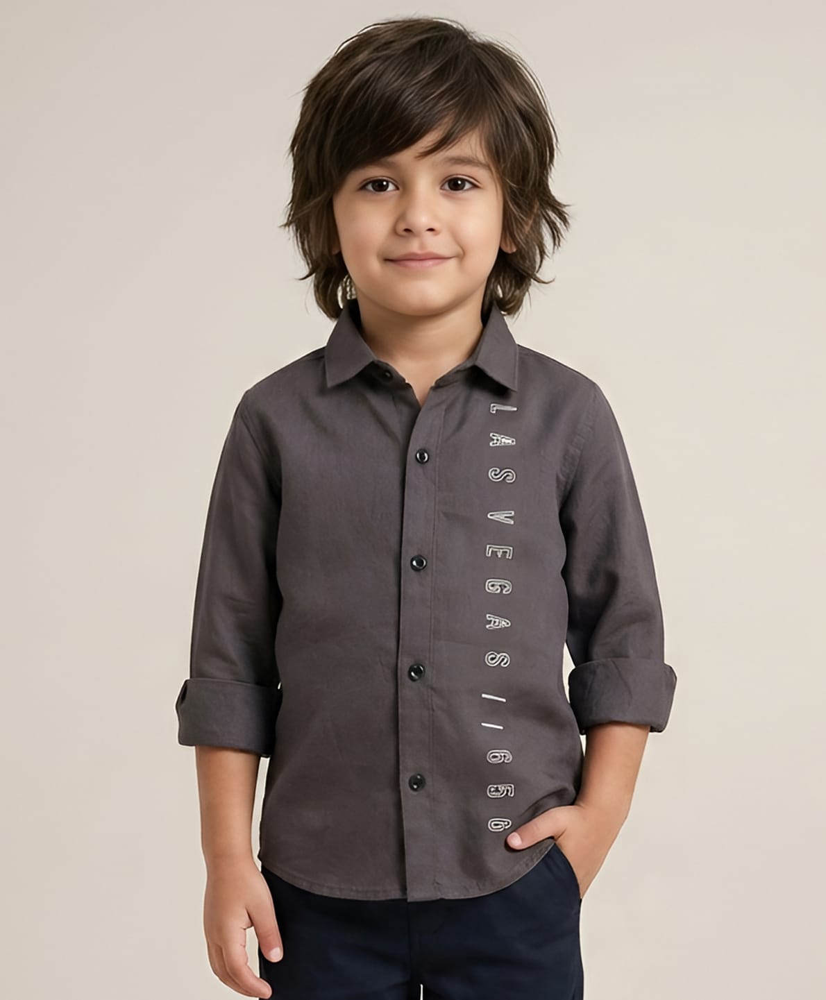 Polka Tots Full Sleeves Las Vegas Printed Shirt - Grey-image-6