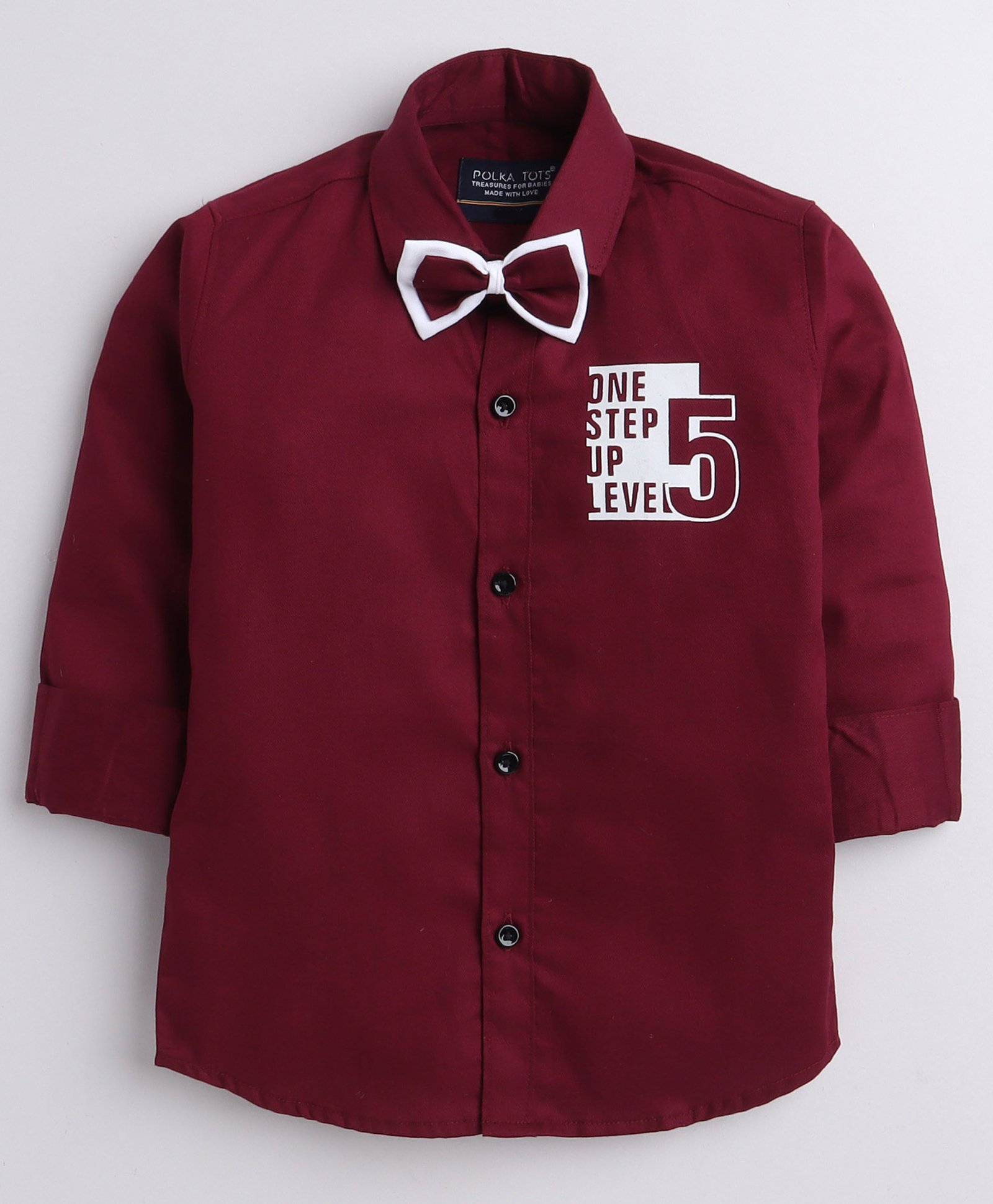 Polka Tots Full Sleeves Bow Embellished One Step Five Printed Shirt - Maroon-image-21