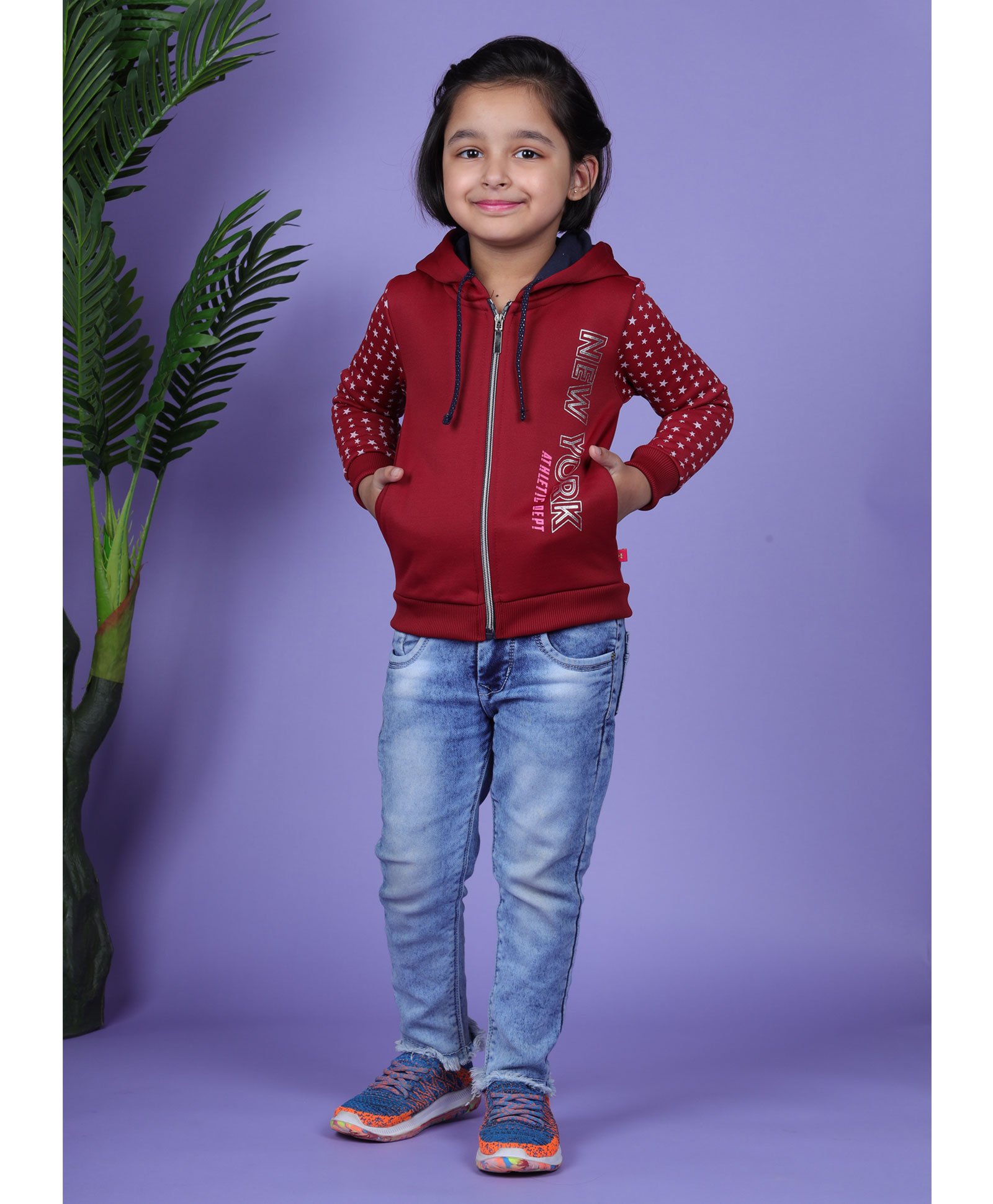 3PIN Full Sleeves Stars And New York Printed Polyester Fleece Front Open Hooded Sweatshirt - Maroon-picture-11