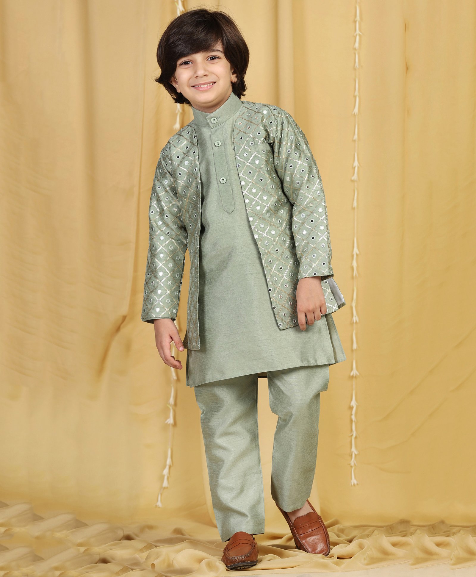 AJ Dezines Full Sleeve Sequins Checked Design Embellished Mirror Work Embroidered Indo Western Kurta Set - Pista Green-image-24