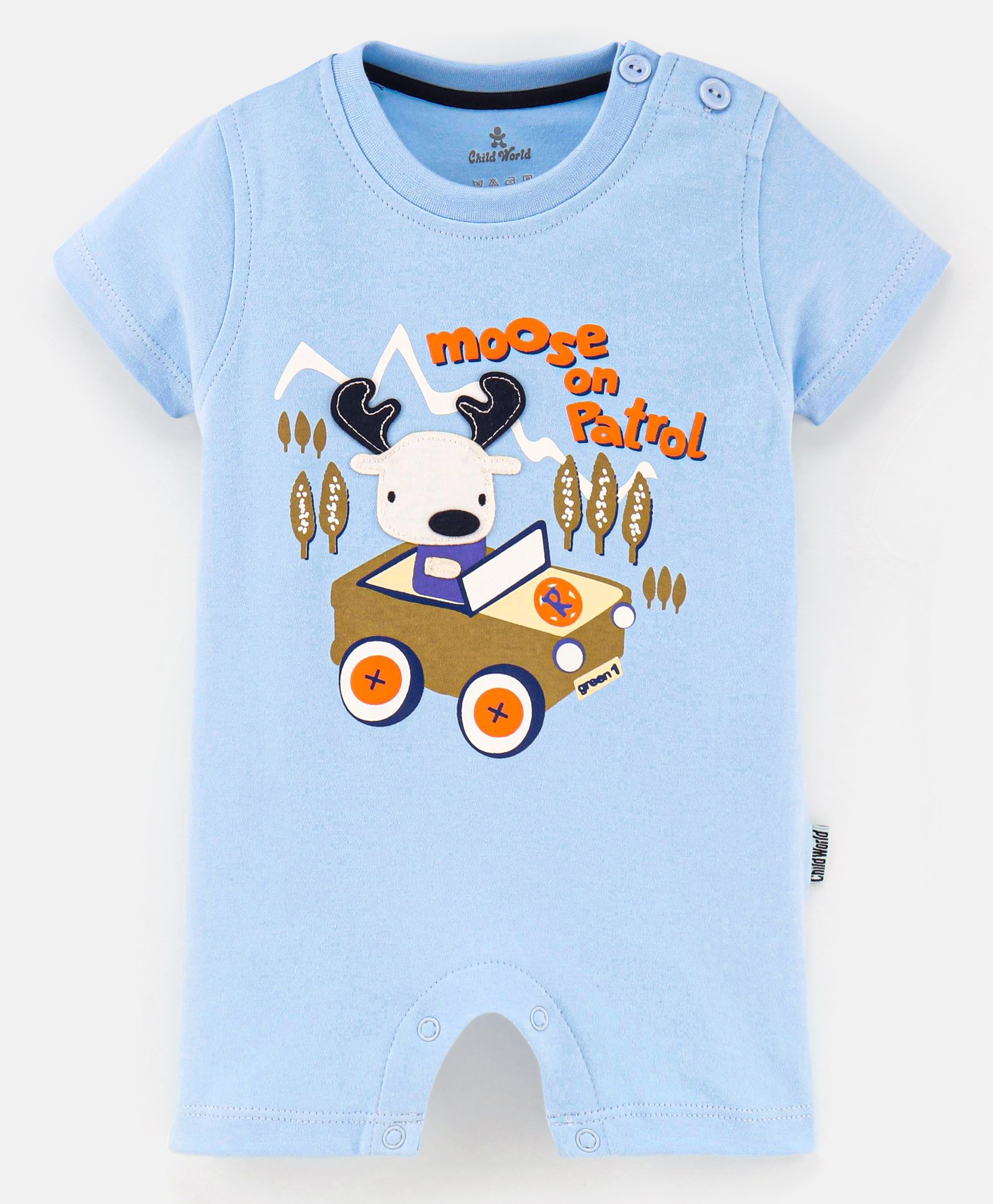 Child World 100%  Cotton Interlock Half Sleeves Romper Reindeer Print & Patch- Blue-picture-10