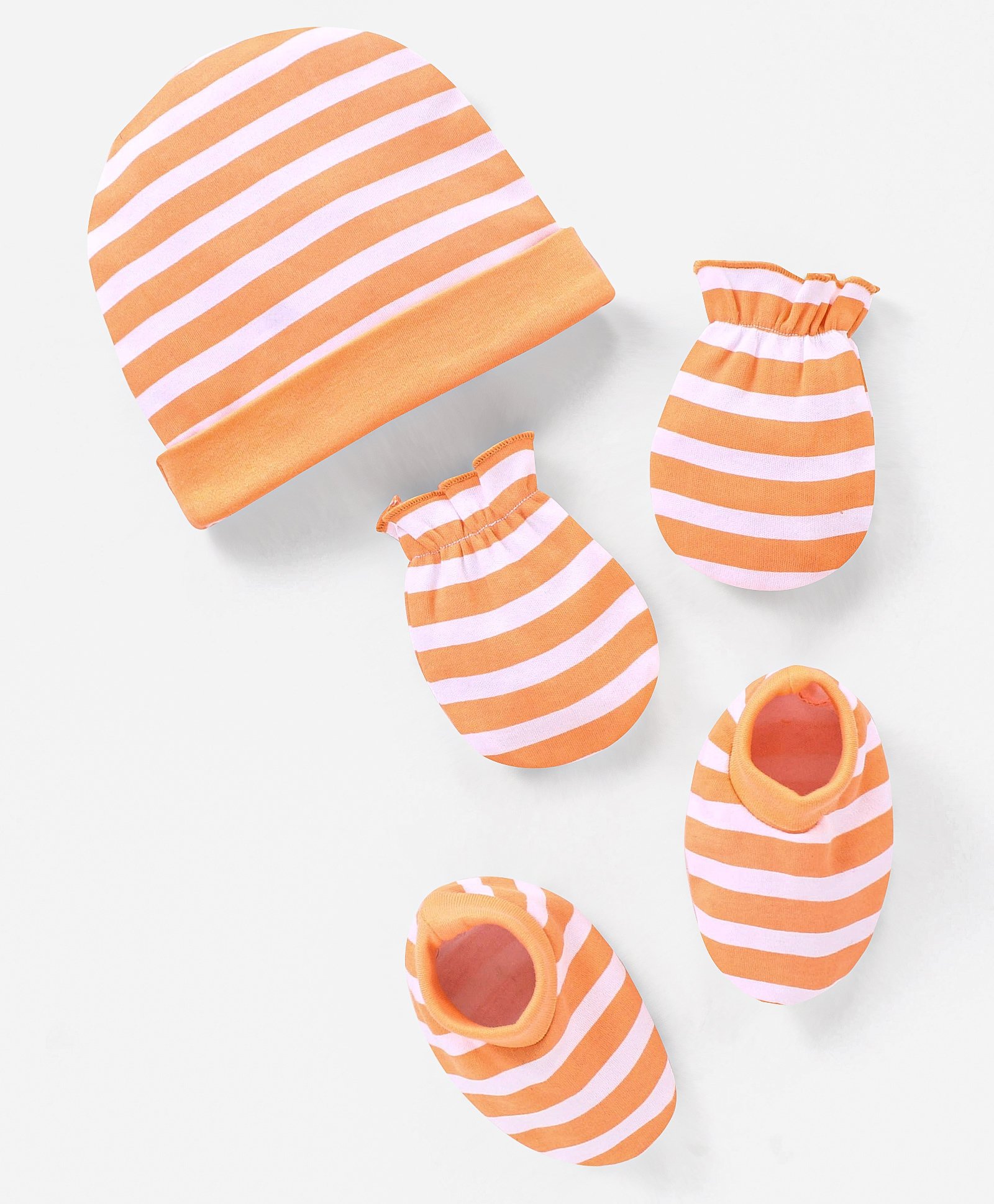 Babyhug 100% Cotton Cap Mittens And Booties Set Stripes Pattern Orange - Diameter 12 cm-image-4