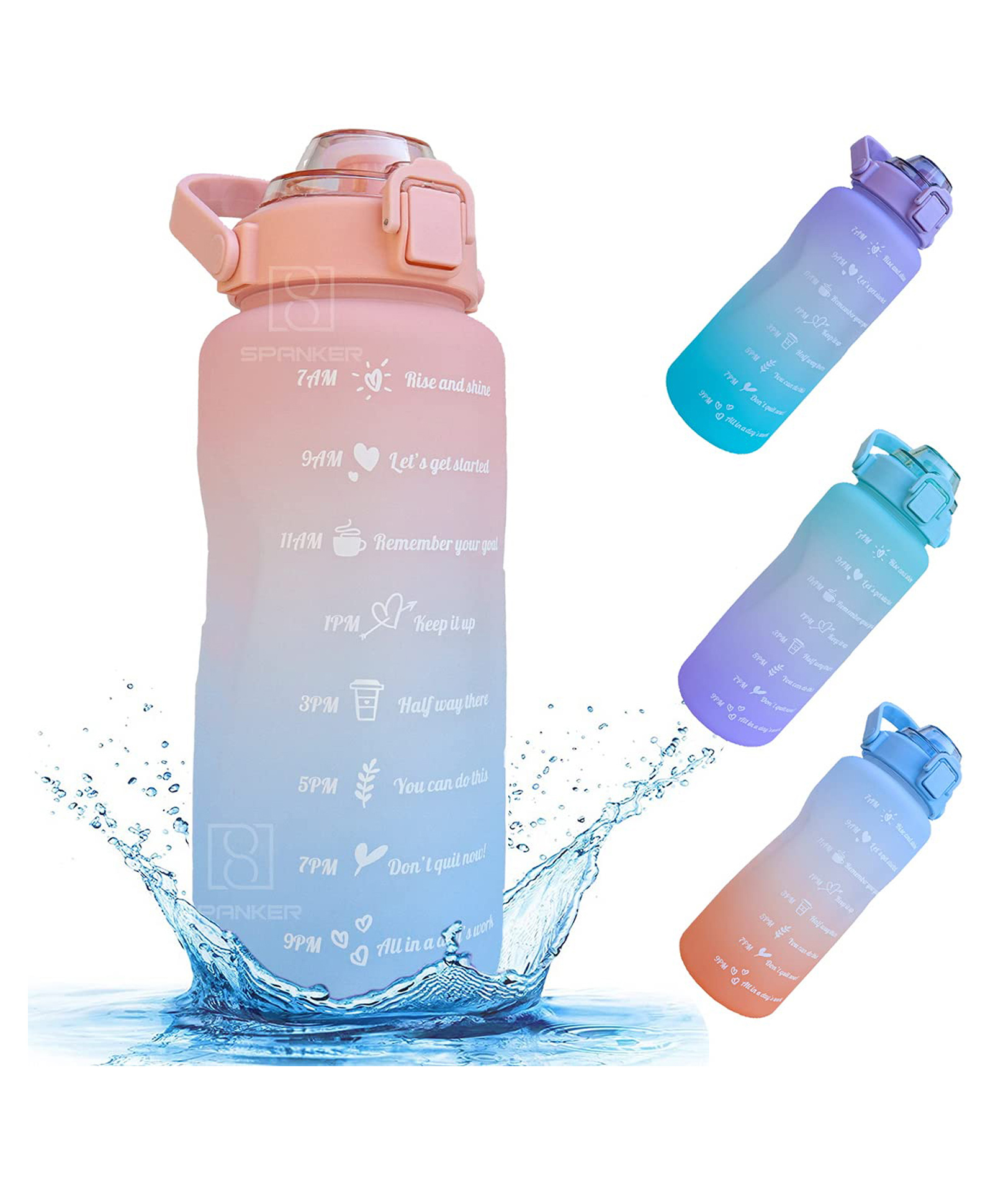 Spanker Fazer All In 1 Motivational Leakproof Water Bottle Gallon with Handle Peach & Blue - 2000 ml-image-31