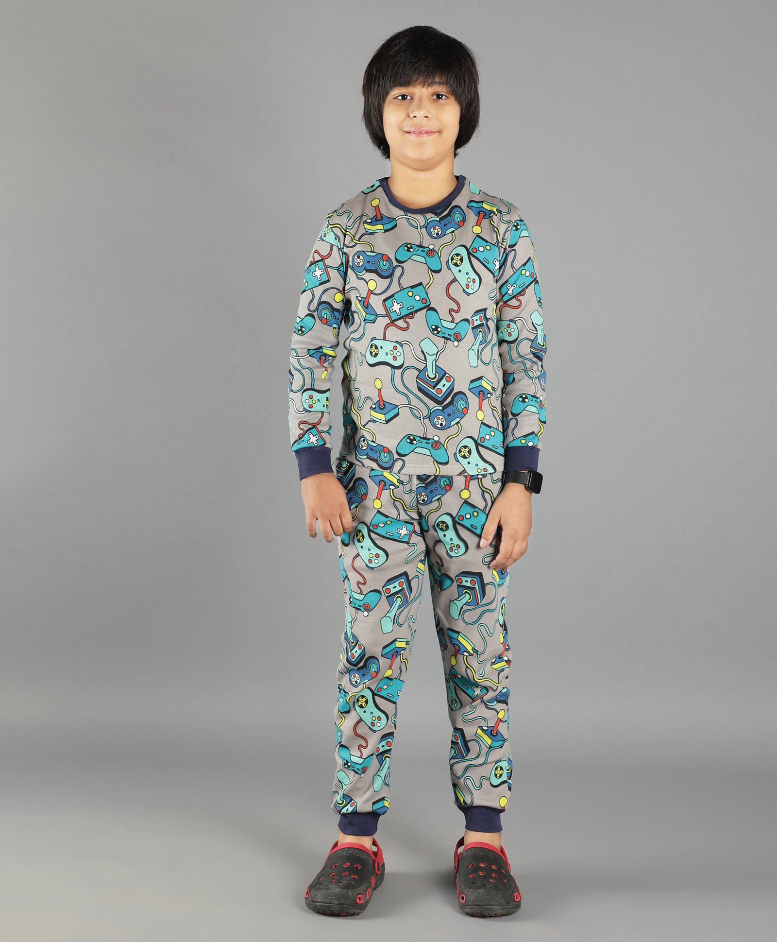 Ninos Dreams Full Sleeves Video Game Controller Coord Set Night Suit -Grey-image-27