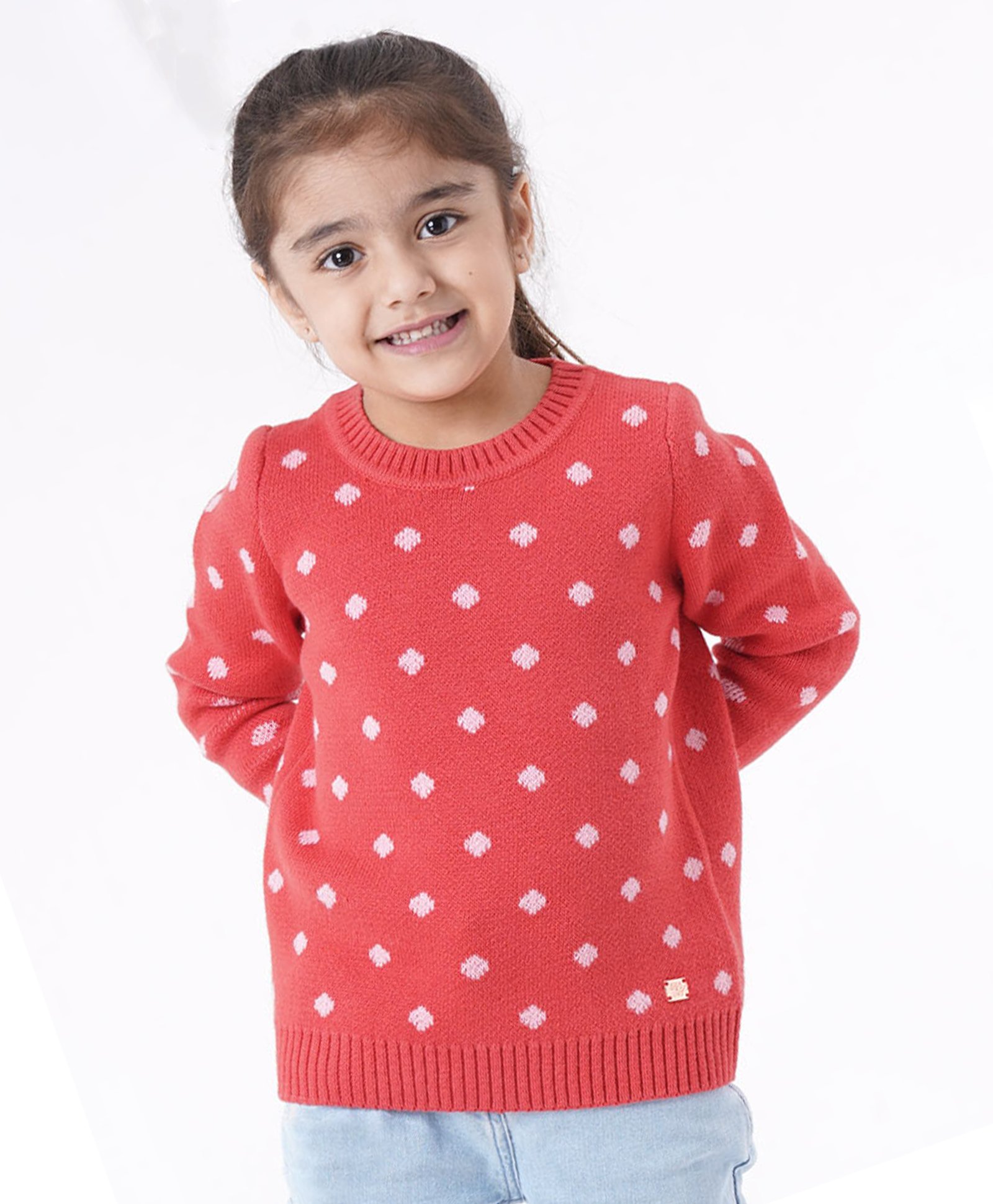 Ed-a-Mamma Cotton Full Sleeves Crew Neck Sweater Polka Dot Print - Red-picture-12