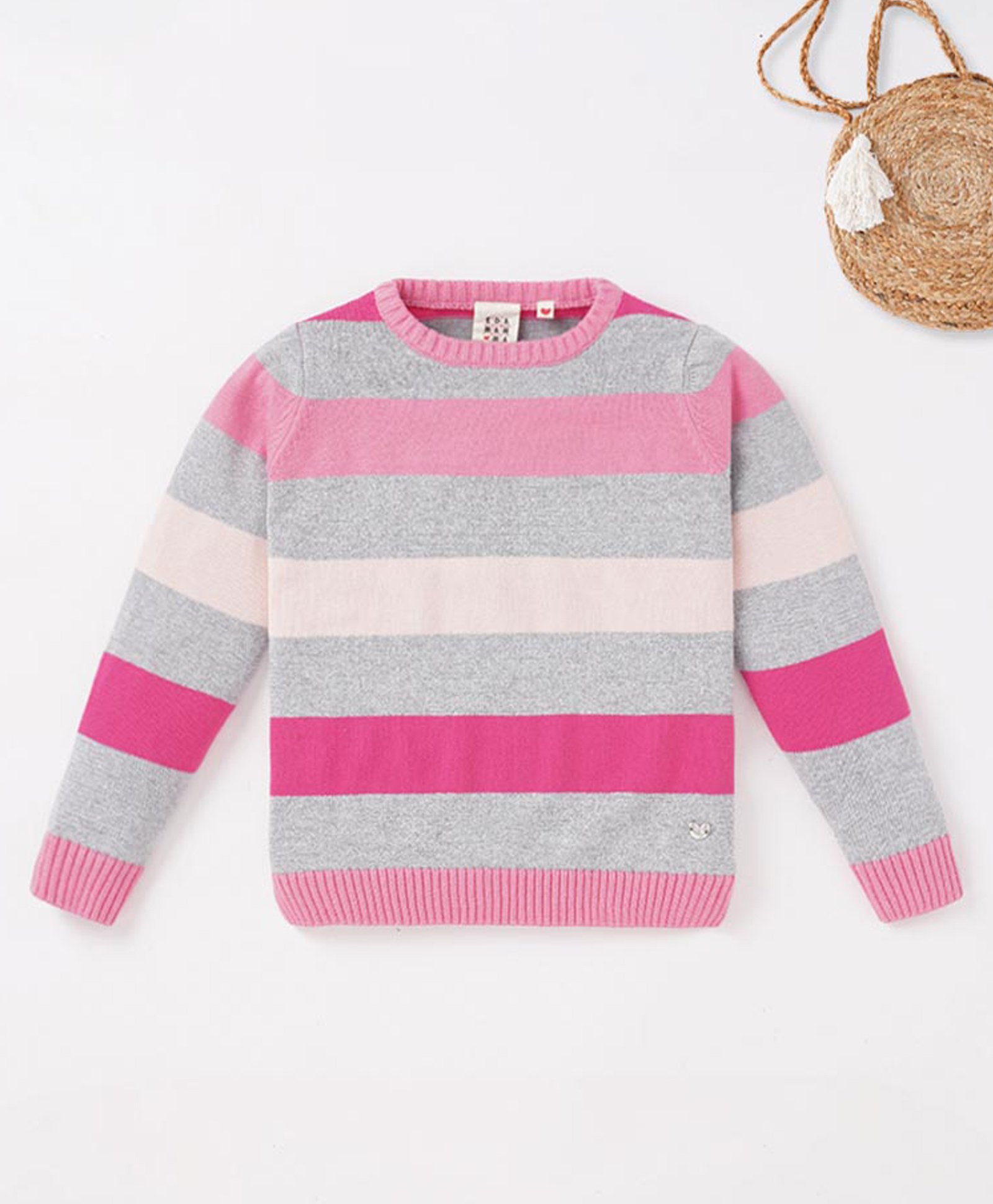 Ed-a-Mamma Cotton Full Sleeves Crew Neck Striped Sweater - Pink Grey White-picture-25