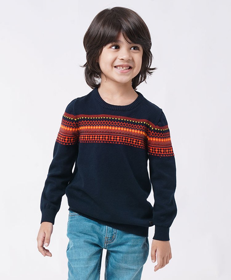 Ed-a-Mamma Cotton Full Sleeves Sweater Solid Geometrical Pattern - Blue-picture-20