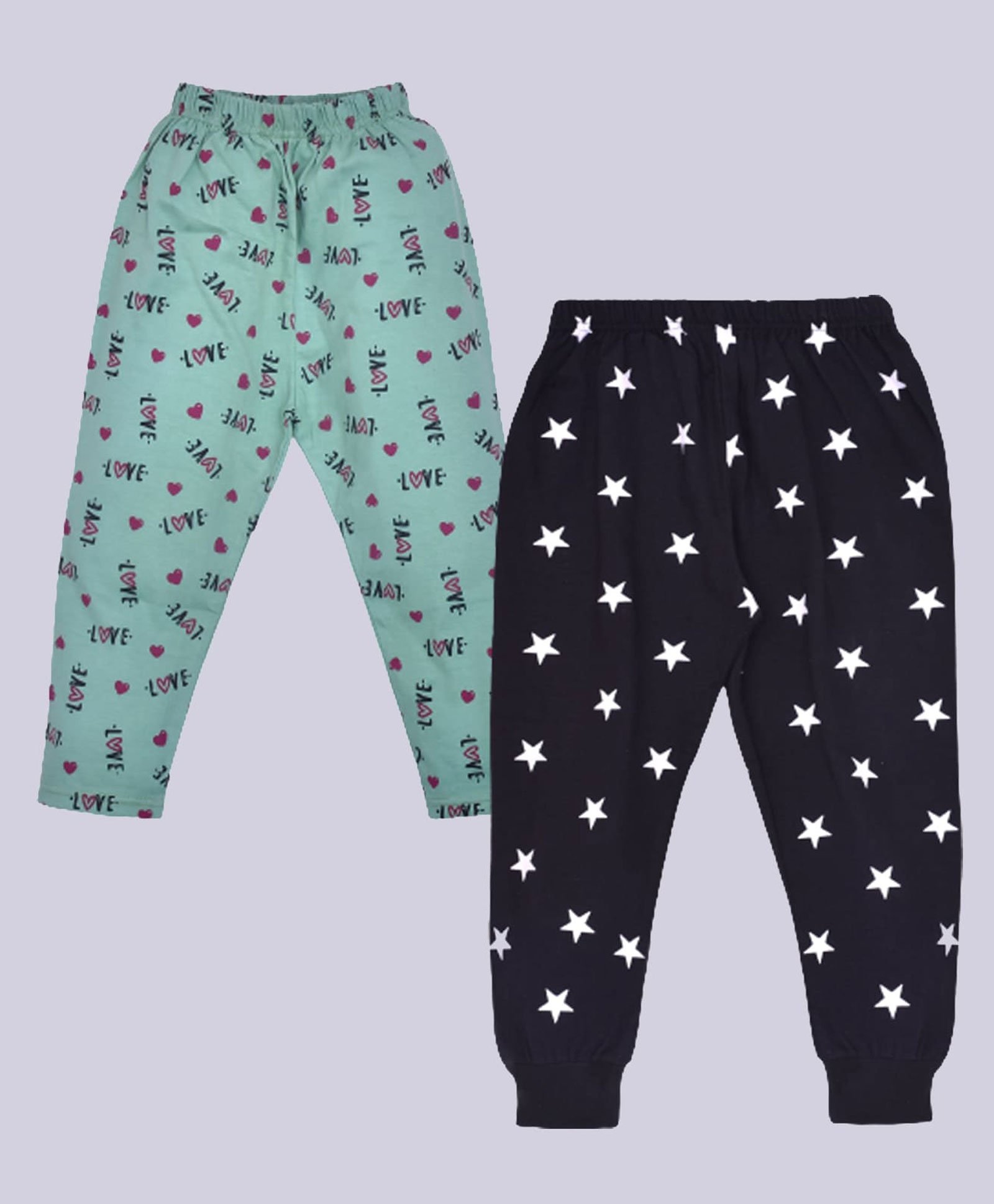 hrit Kiwi 100% Cotton Pack of 2 Love & Stars Printed Ribbed Bottom Track Pants  - Black & Green-picture-12