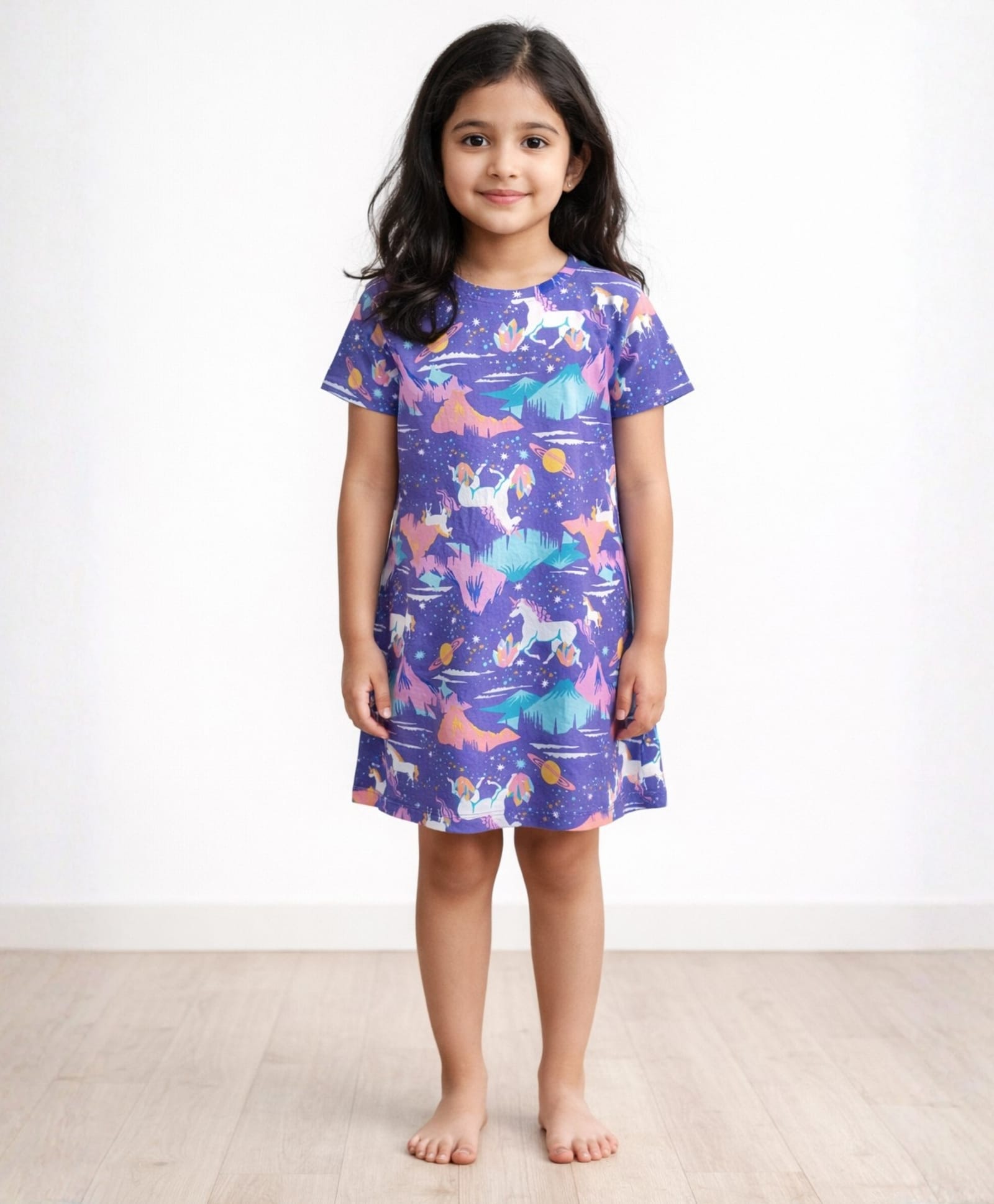 Anthrilo Unicorn Planet Theme Half Sleeves Seamless Star & Mountains Printed Night Dress - Purple-image-14