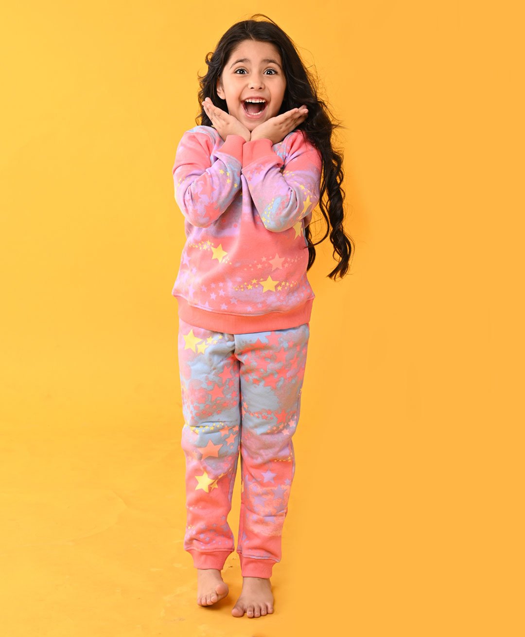 Anthrilo Fleece Full Sleeves Seamless Star Printed & Pastel Tie & Dye Sweatshirt With Coordinating Joggers - Pink