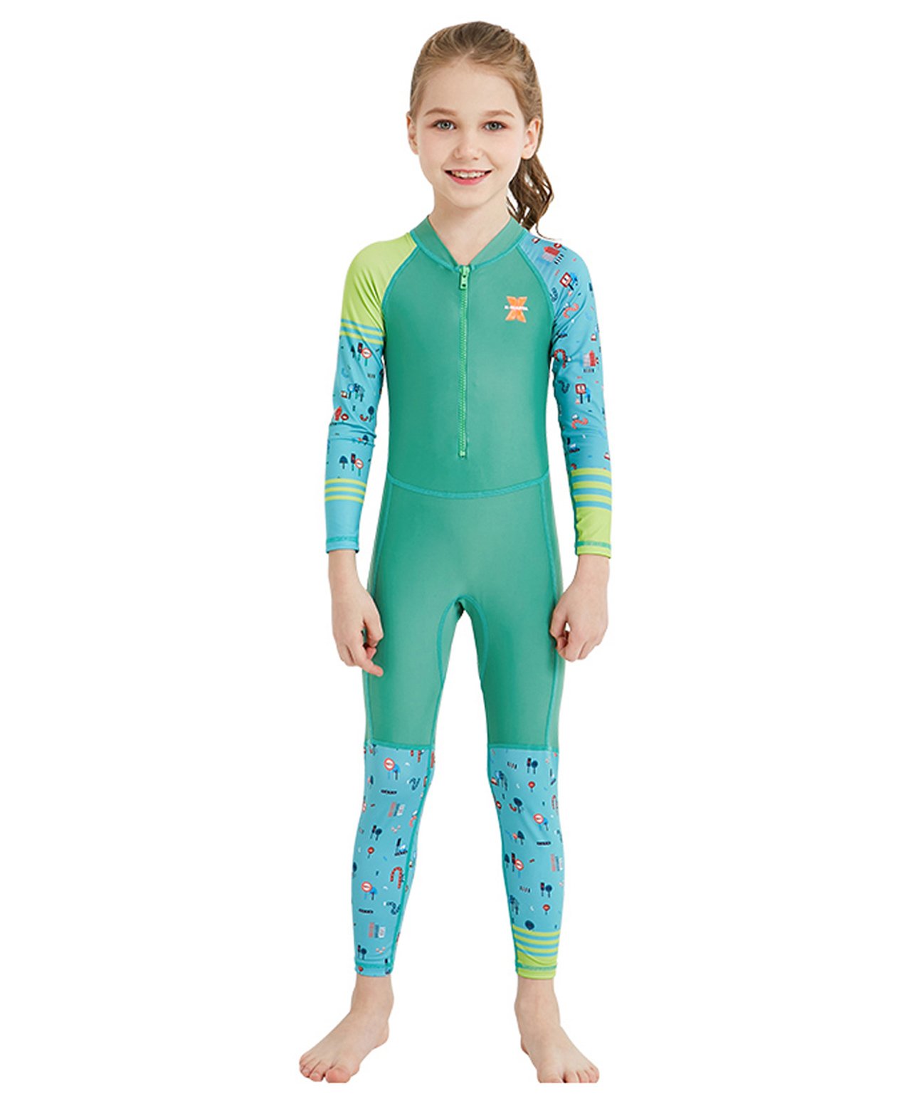 Little Surprise Box Full Sleeves Vehicle Printed & Placement Striped Colour Block Upf 50+ Swimwear - Green-picture-16