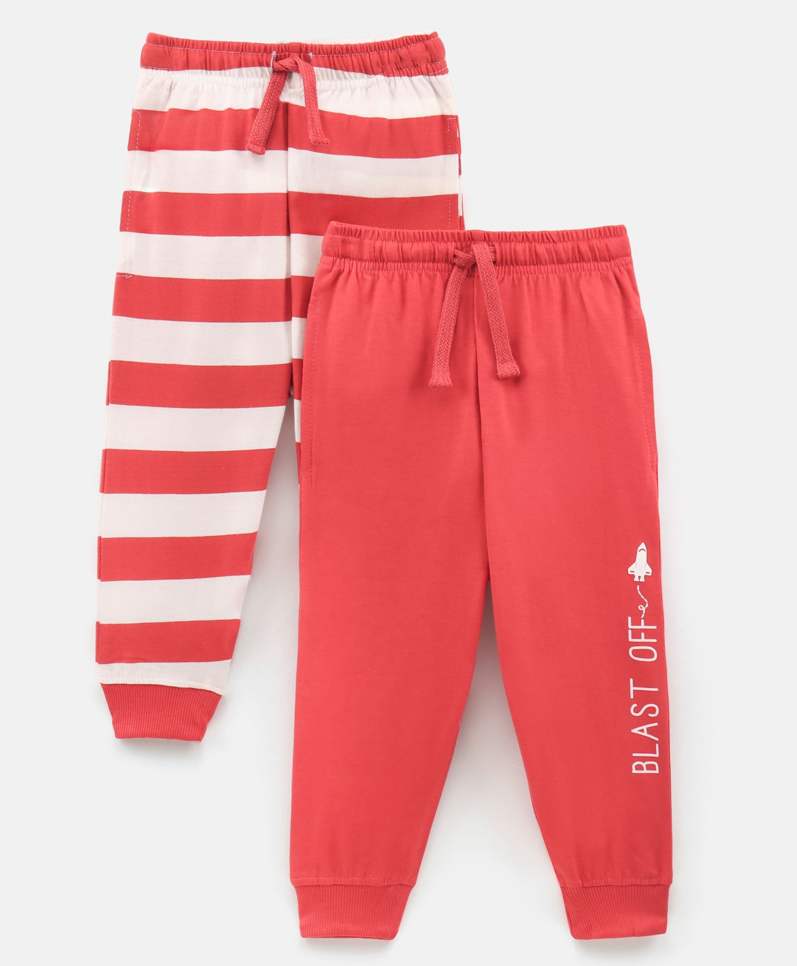 Doreme Full Length Lounge Pant Solid & Striped Pack Of 2 - Red & White-image-0