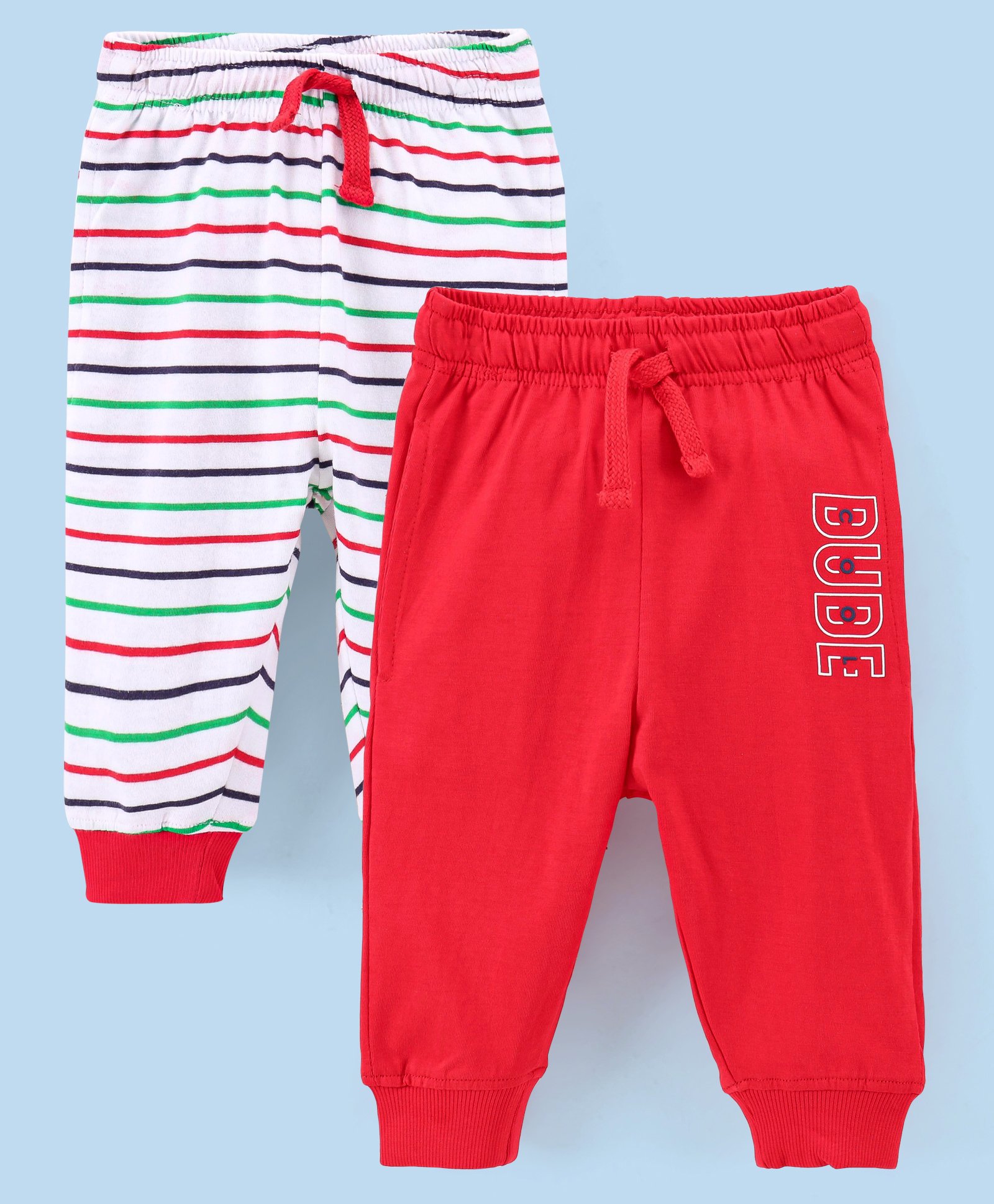 Doreme Cotton Ankle length Lounge Pant Stripe & Text Print Pack of 2 - White & Red-image-38