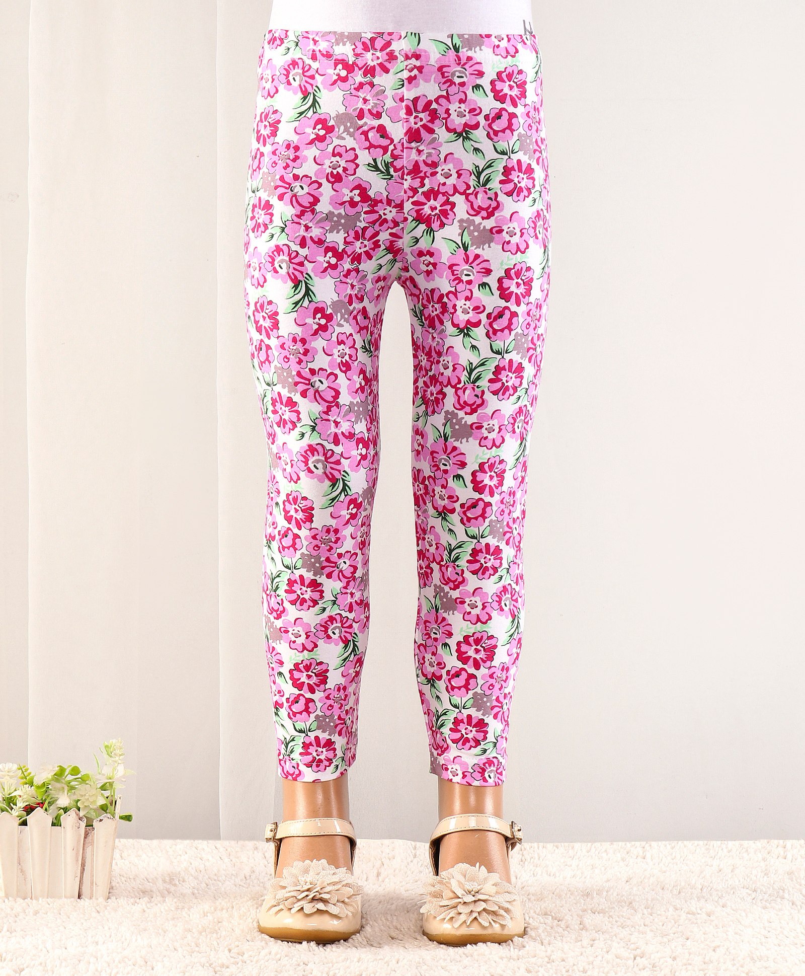 Babyhug Cotton Lycra Full Length Floral Printed Leggings - White & Pink-image-42