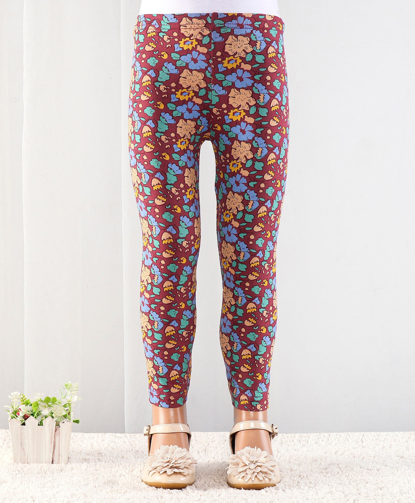 Babyhug Cotton Elastic Knit Full Length Leggings Floral Print - Maroon-picture-25