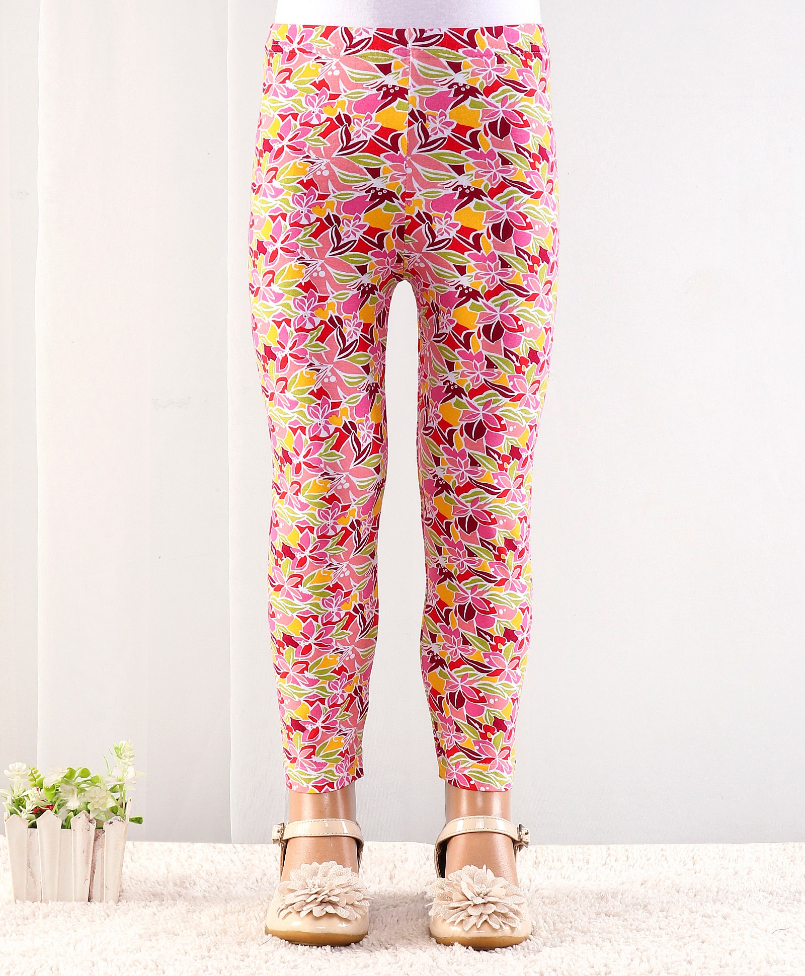 Babyhug Cotton Lycra Full Length Floral Printed Leggings - Coral-image-43