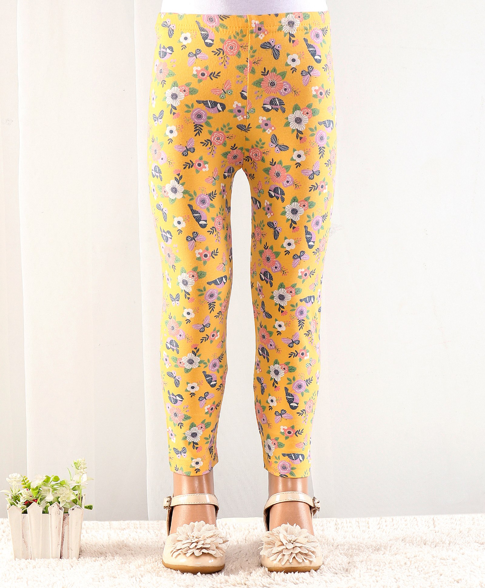 Babyhug Cotton Lycra Full Length Floral Printed Leggings - Yellow-picture-13