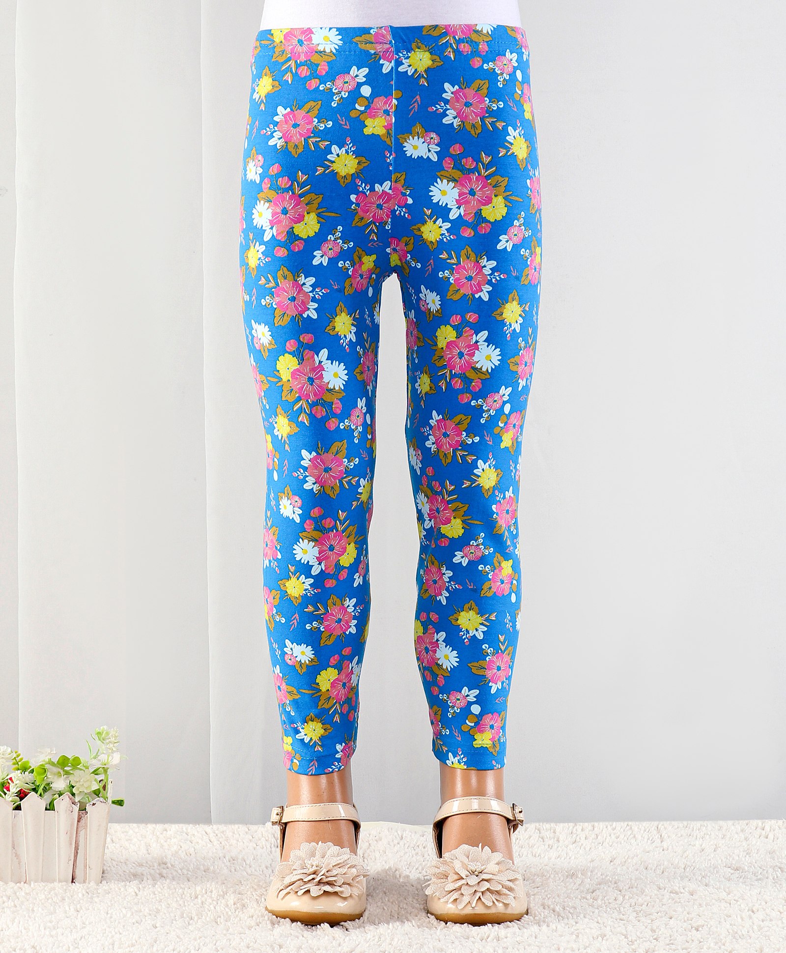 Babyhug Cotton Lycra Full Length Floral Printed Leggings - Blue-picture-21