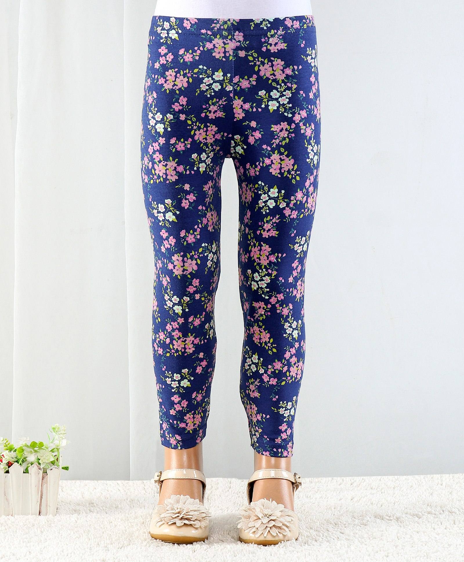 Babyhug Cotton Lycra Full Length Floral Printed Leggings With Stretch - Navy Blue-picture-32