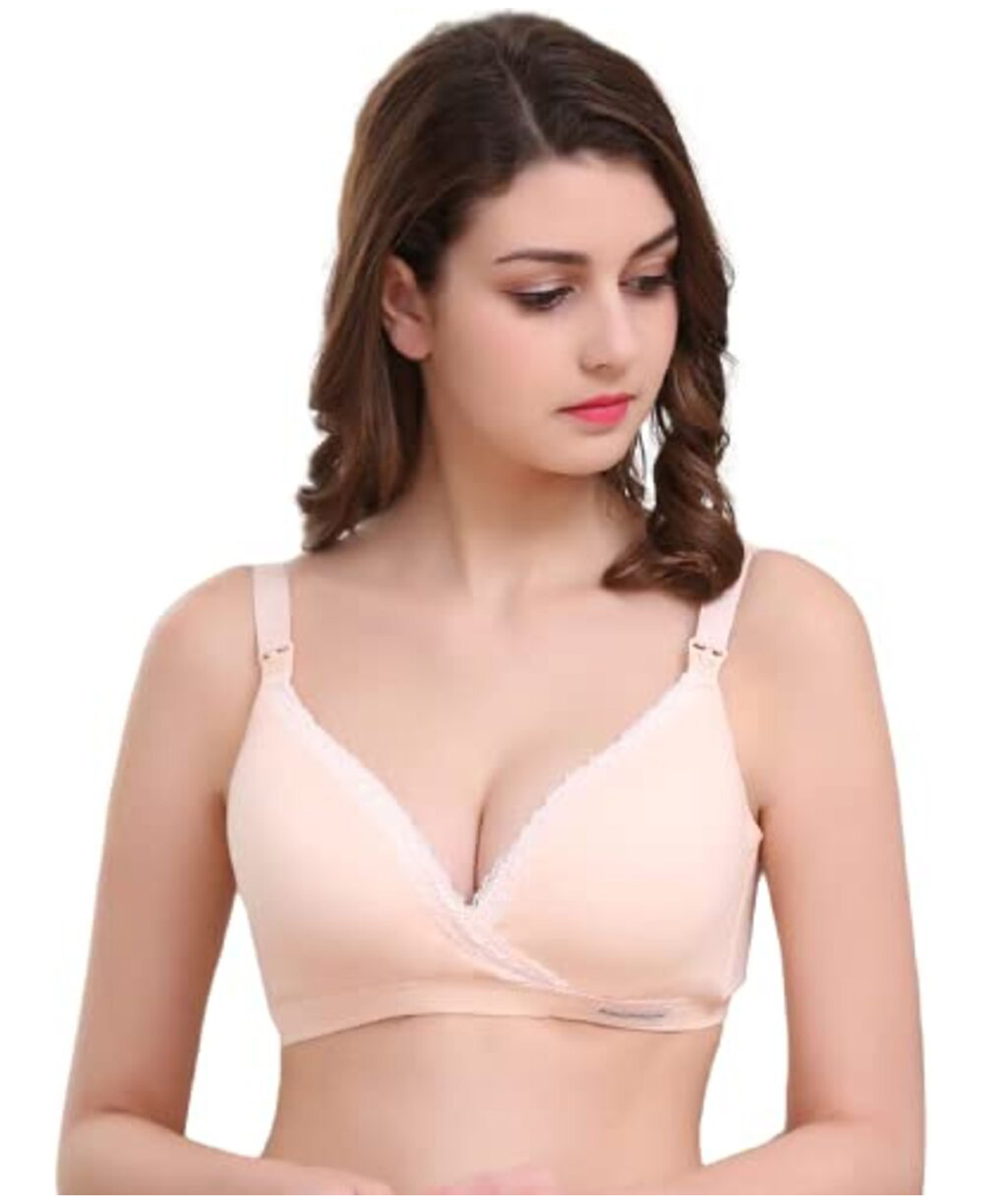 MOMISY Maternity Nursing Wire Free Cotton Breastfeeding Bra with Lace - Peach-image-41