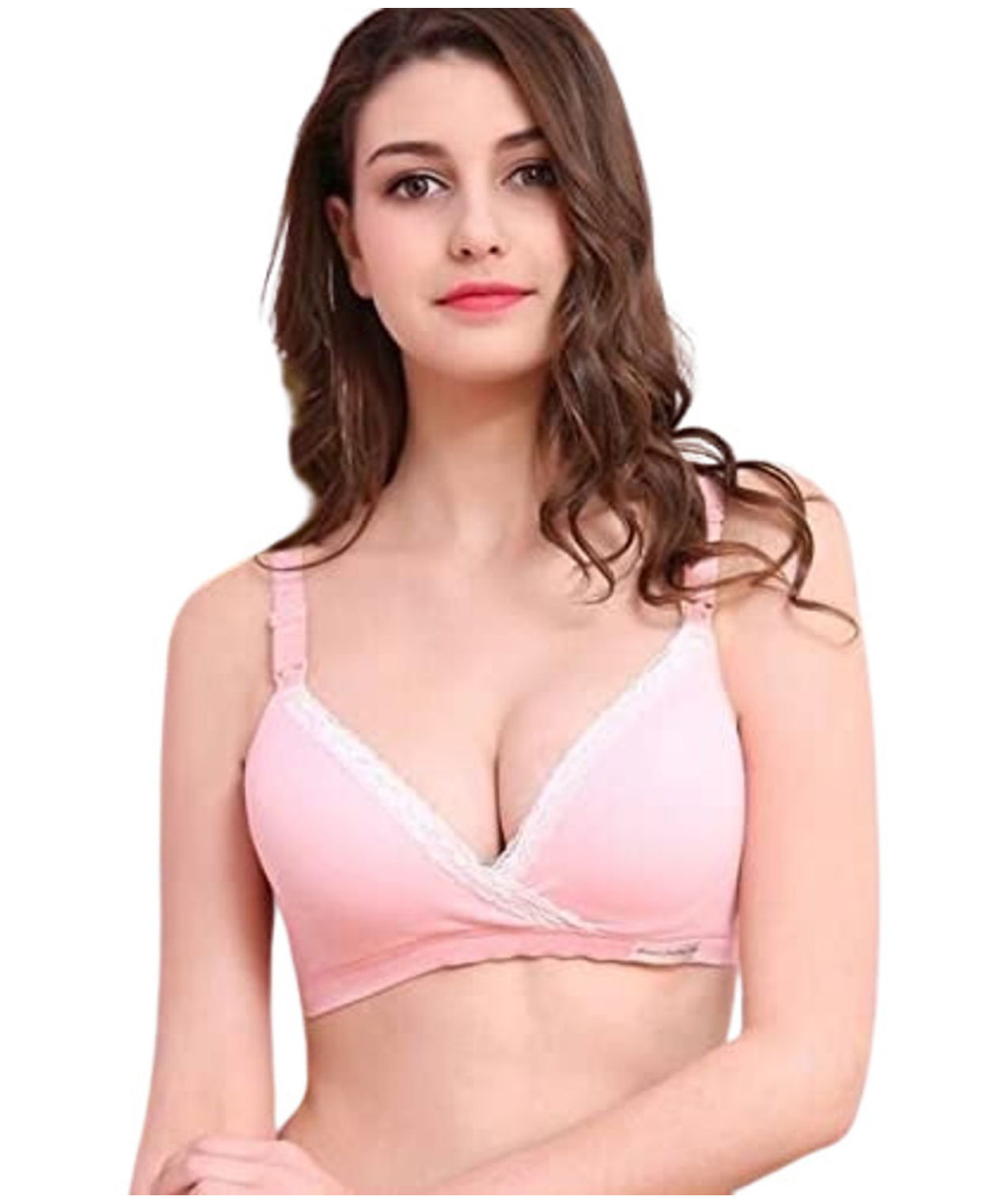 MOMISY Maternity Nursing Wire Free Cotton Breastfeeding Bra with Lace - Pink-image-7