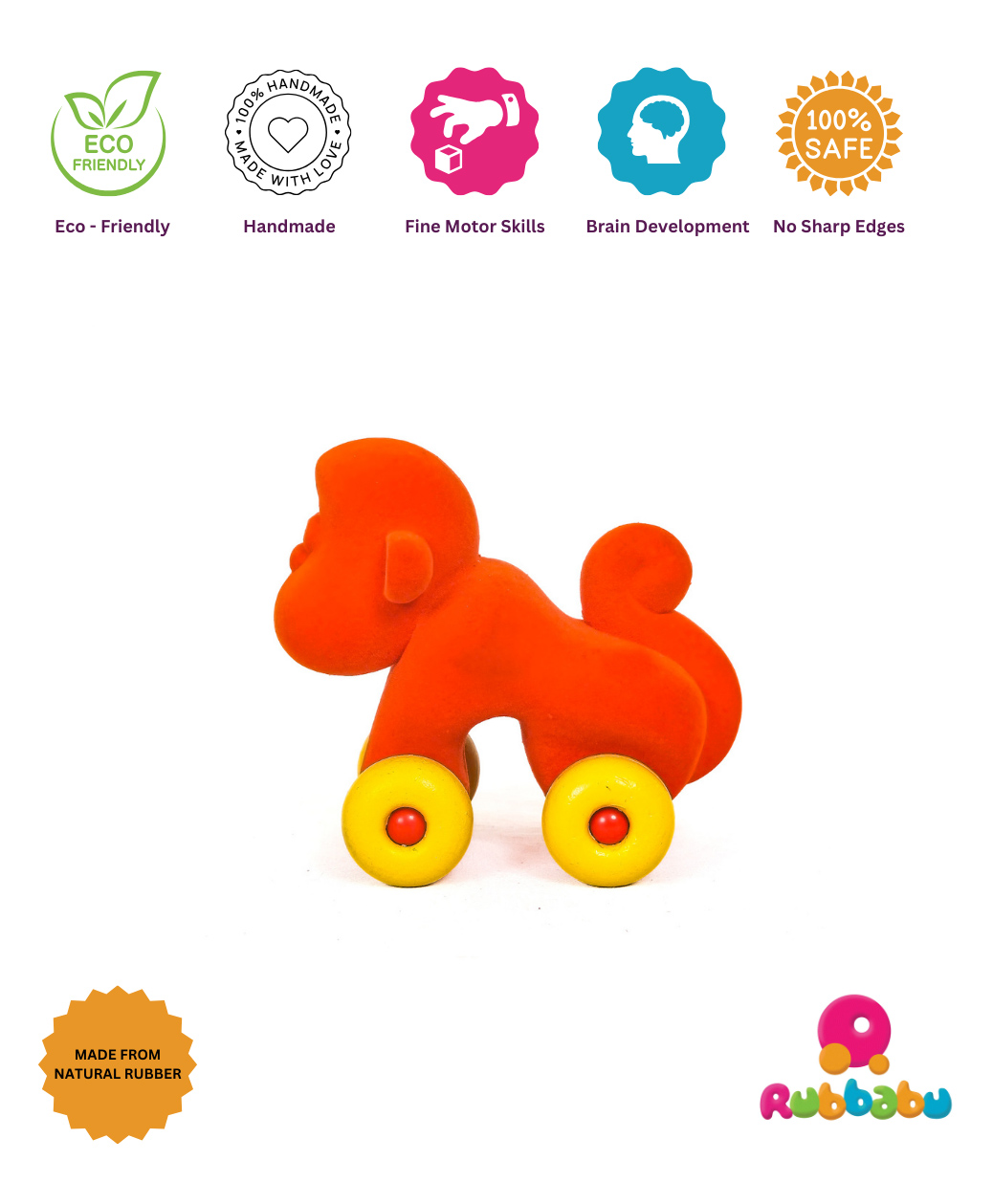 RUBBABU Natural Rubber Little  Monkey  Pull Along Toy- Orange-image-36