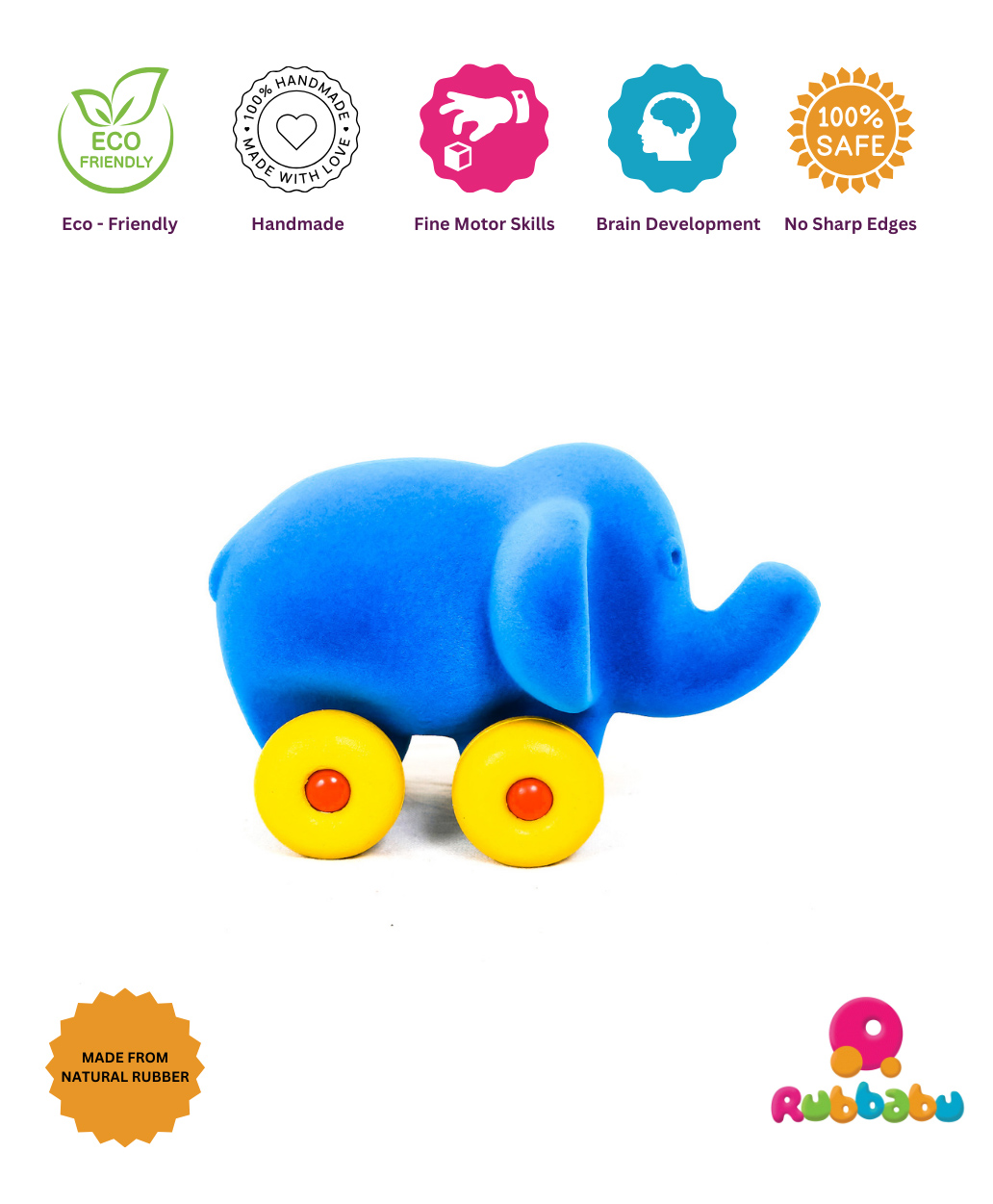 RUBBABU Natural Rubber Little Elephant Pull Along Toy- Blue-image-40