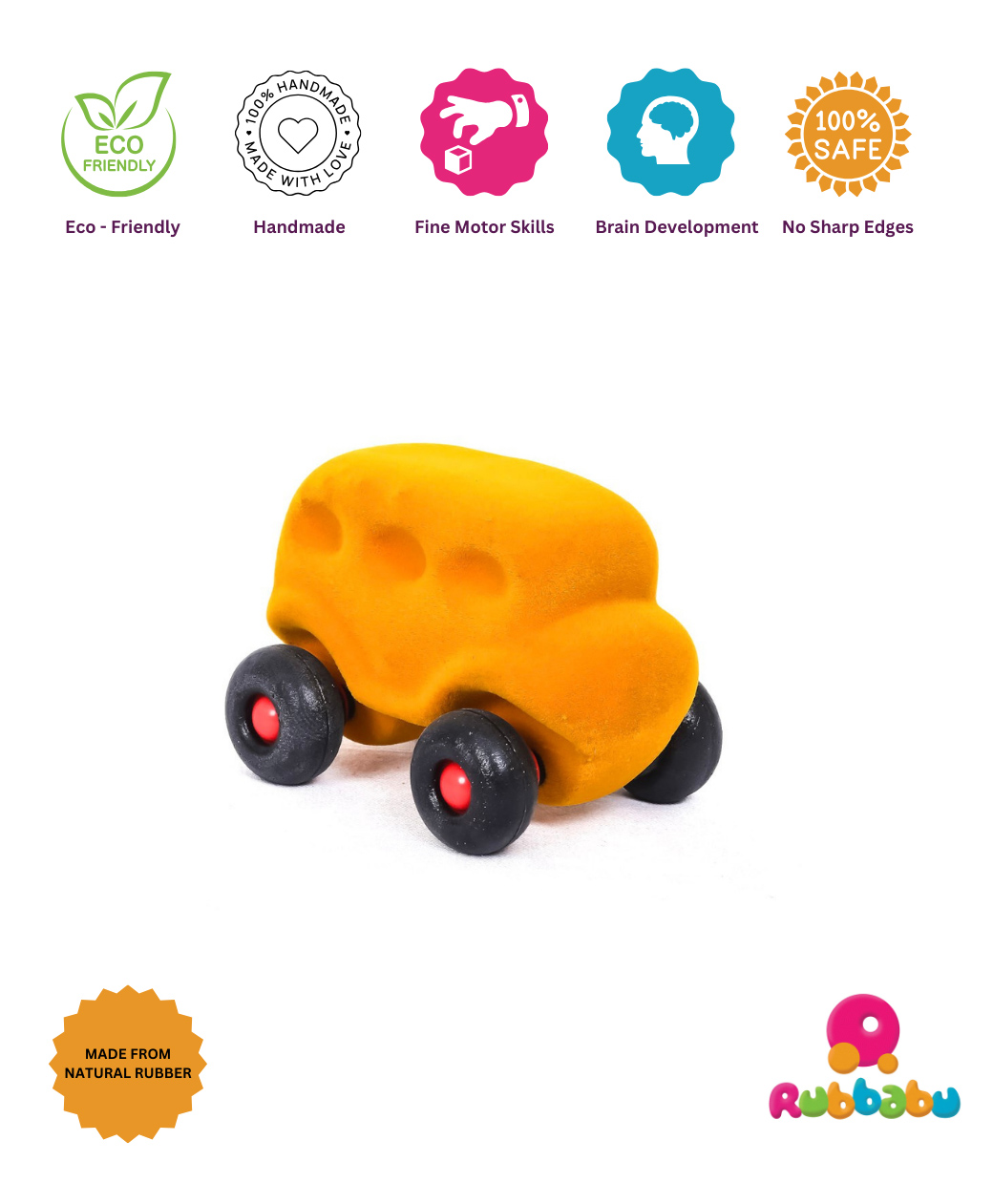 RUBBABU Natural Rubber Skool Bus Push & Go Toy - Orange-image-45