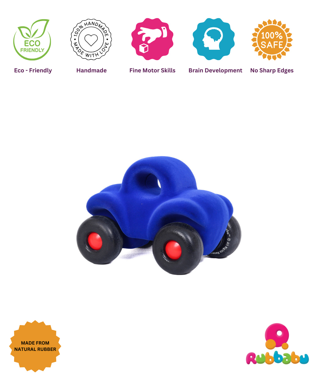 RUBBABU Natural Rubber Wholedout Car Push & Go Toy- Blue-picture-3