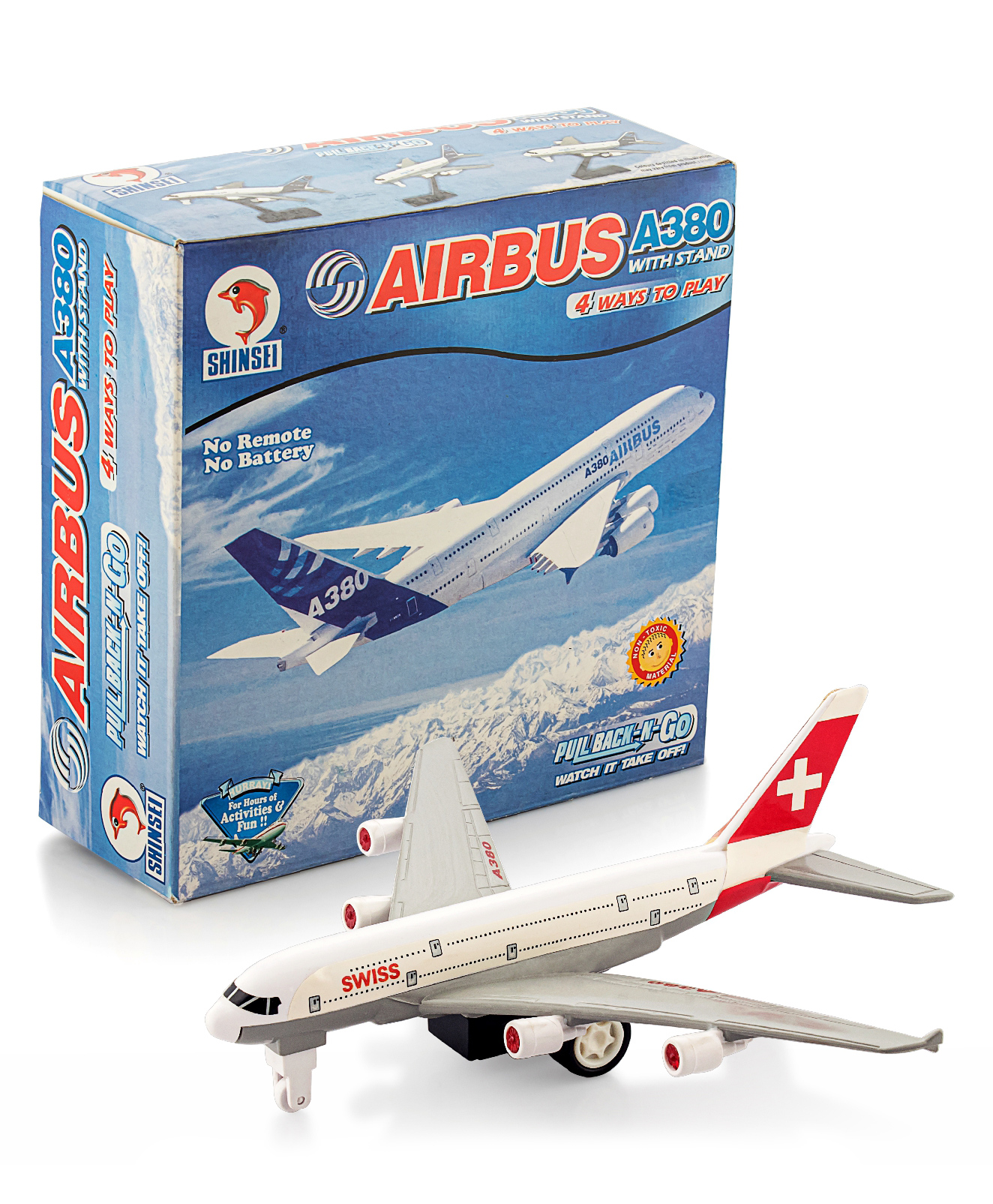 Shinsei Pull Back Swiss A380 Plane with Stand - White (Color May Vary)-picture-16
